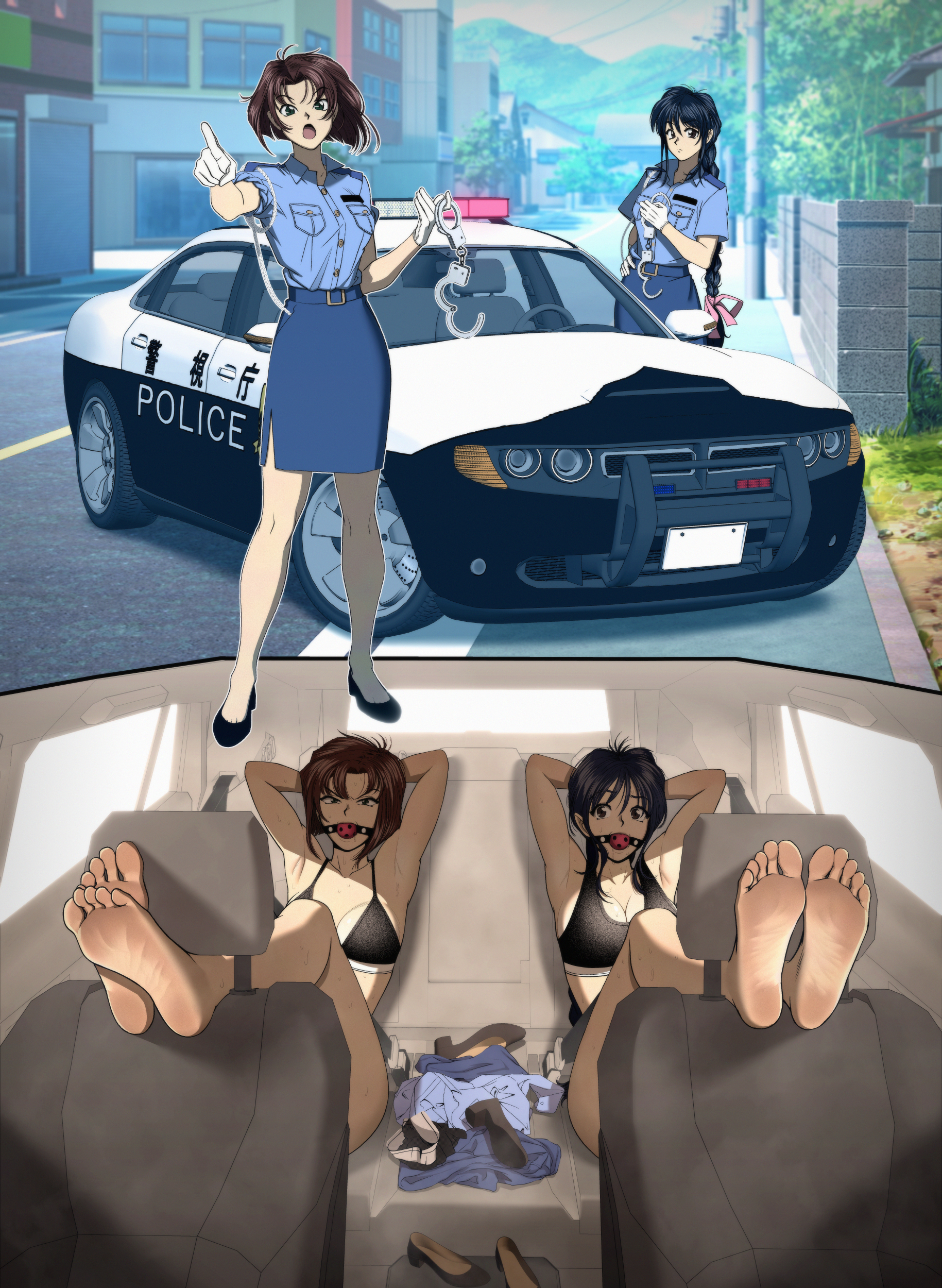 2girls, ball gag, barefoot, bondage, bra, car, damsel in distress, defeated, gag, handcuffed, handcuffs, kusujinn, looking at viewer, miyuki kobayakawa, natsumi tsujimoto, police uniform, policewoman, short hair, taiho shichauzo, women only