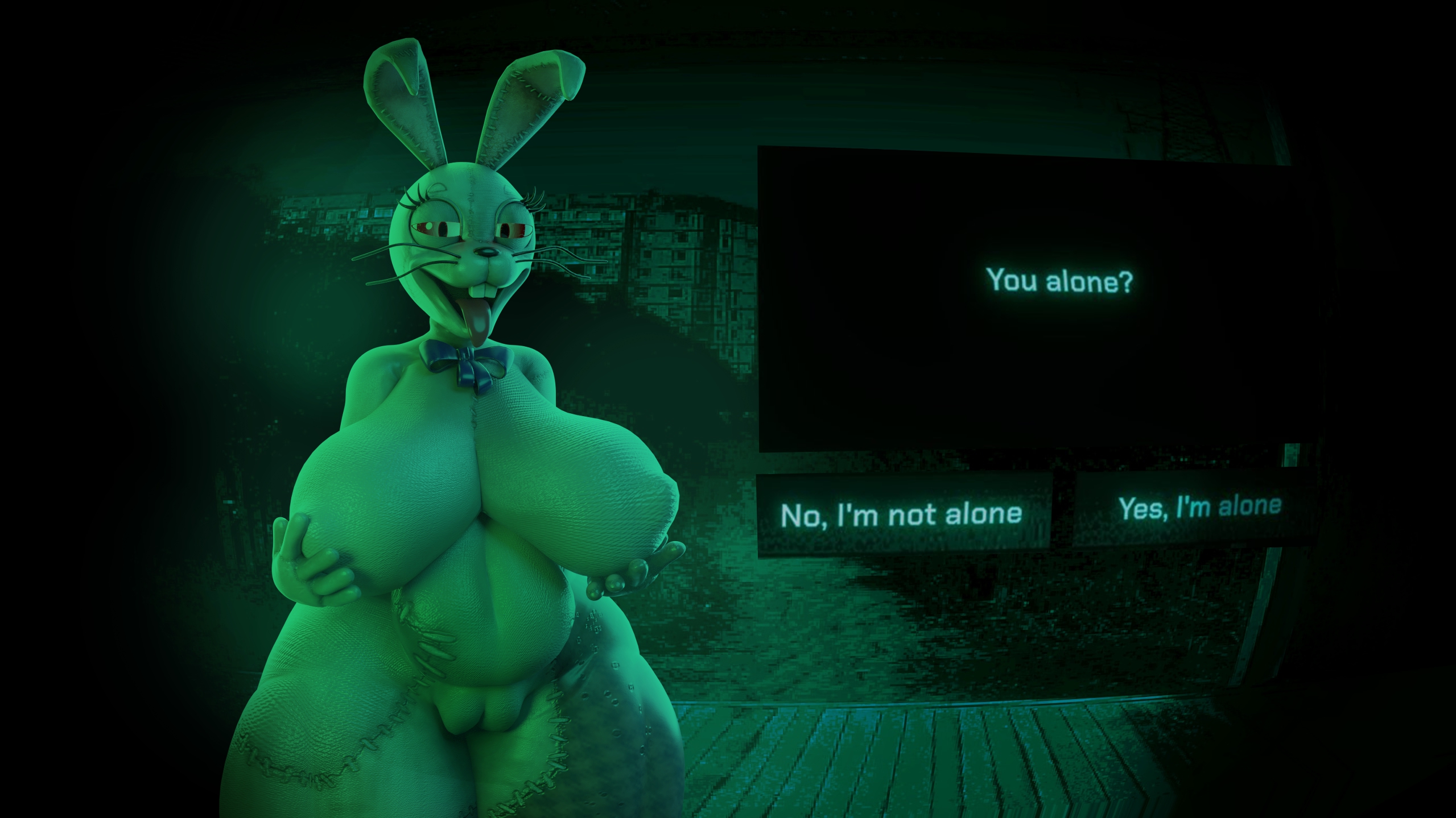 1girl, 1girls, 3d, 3d (artwork), belly, big breasts, blue bow, blue bowtie, bodysuit, bow, bowtie, breasts, bunny ears, bunny suit, covered nipples, covered pussy, curvaceous, curvaceous figure, curvy, curvy body, curvy female, curvy figure, english, english text, ersal, fat pussy, female, female focus, female only, five nights at freddy's, five nights at freddy's: security breach, fnaf, fully clothed, fursuit, green theme, hi res, high quality, high resolution, highres, hips, holding breast, holding own breast, human, humanoid, large breasts, nipples, no, i'm not a human, no, i'm not a human (meme), pussy, scottgames, solo, solo female, solo focus, suit, text, thick thighs, thighs, tight clothes, tight clothing, tongue, tongue out, vanny, vanny (fnaf), voluptuous, voluptuous body, voluptuous female, wide hips