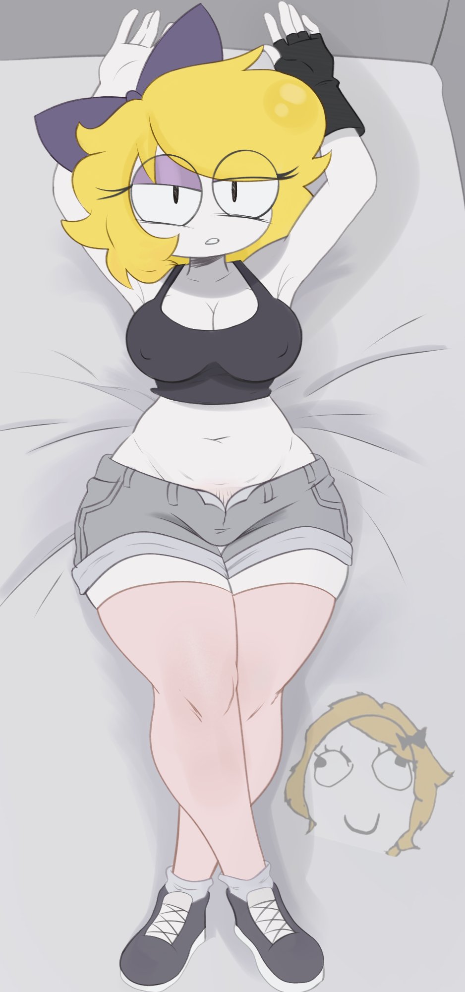 arms behind head, bed, big breasts, blonde hair, bun, clothed, crossed legs, derpina, female only, glove, hi res, looking at viewer, lying on bed, rage comics, reference image, shoes, shorts, solo female, stockings, thick thighs, topwear, veluxxx, white body, wide hips