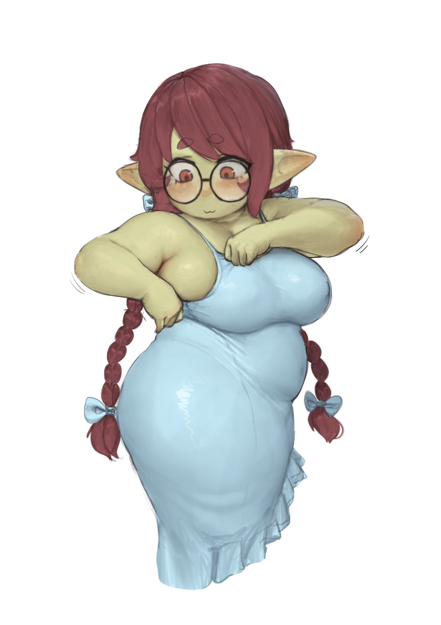 1girls, big breasts, blue dress, blush, brown hair, chubby, dress, eyebrows visible through hair, female, female only, glasses, goblin, goblin female, green skin, hair ribbon, hi res, huge thighs, long dress, long hair, meme, okgaki, ophelia (okgaki), orange eyes, pigtails, pointy ears, round glasses, shortstack, sideboob, simple background, slightly chubby, solo, thick thighs, twin braids, white background
