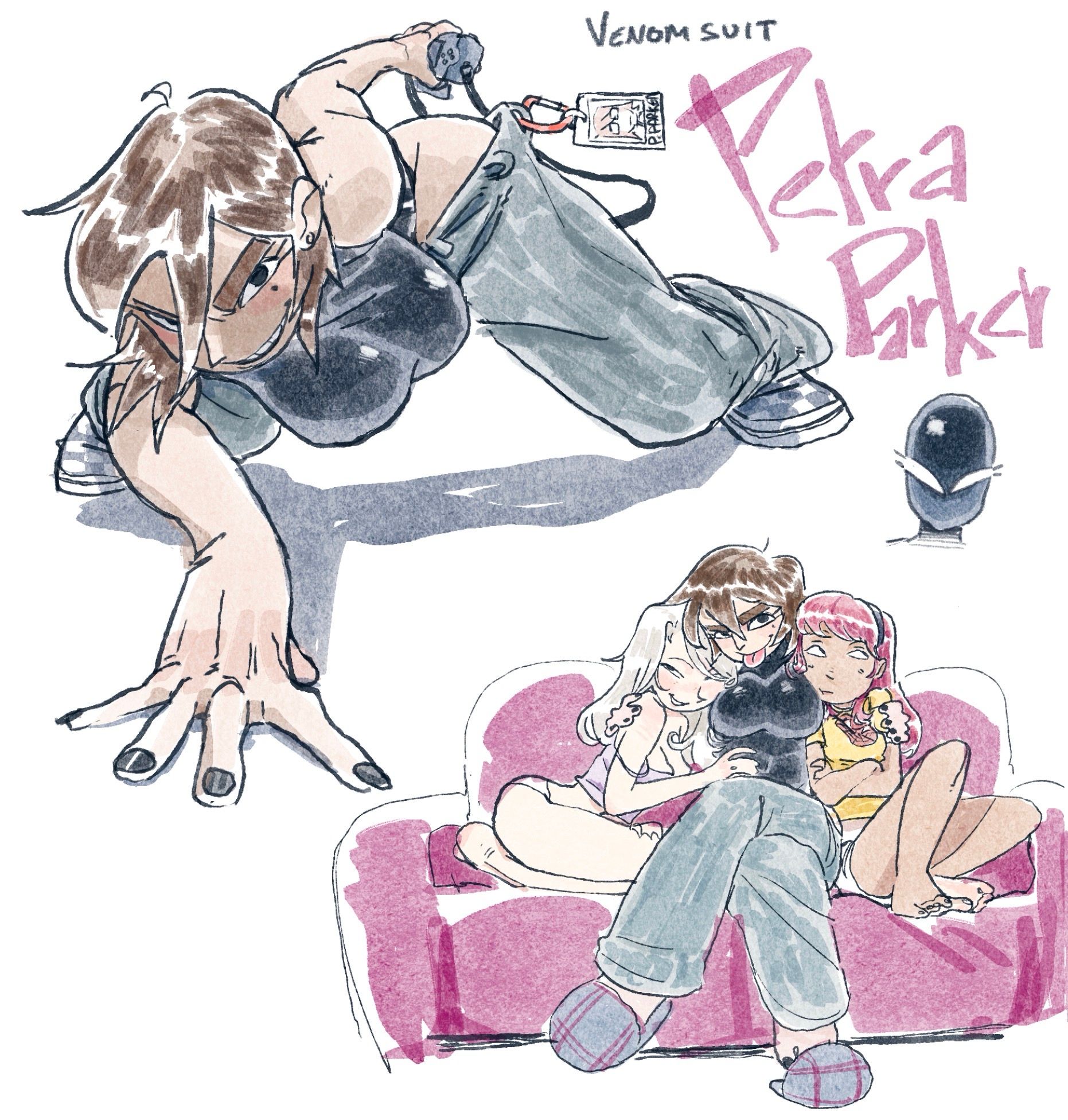 19ad, big breasts, couch, dark hair, marvel, multiple girls, petra parker, skin tight, sweatpants, tomboy, trans woman