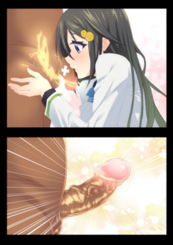 akage black_hair blue_eyes blush censored comic erection female hair_ornament izumi_reina kissing long_hair mosaic_censoring musaigen_no_phantom_world penis profile solo_focus