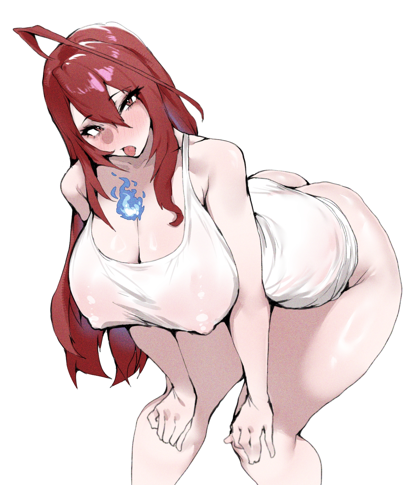 1girls, ahoge, ass, bending forward, bending over, bent over, big breasts, blush, bottomless, breasts, breasts bigger than head, elizabeth rose bloodflame, feet out of frame, female, female only, hololive, hololive english, hololive english -justice-, large breasts, long hair, looking at viewer, nipples, nipples visible through clothing, open mouth, partially clothed, red eyes, red hair, sio4 4, tank top, tongue, tongue out, virtual youtuber