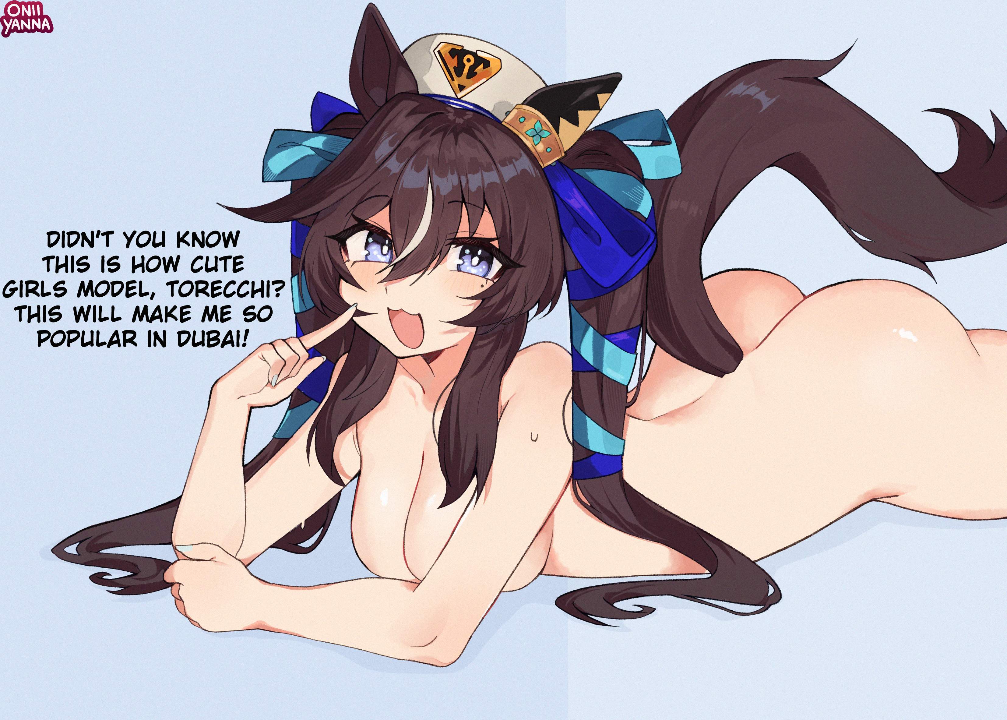 1girl, absurdres, ass, black hair, blush, completely nude, convenient censoring, english text, highres, horse ears, horse girl, horse tail, large breasts, long hair, looking at viewer, mole under eye, nude, nude female, on stomach, oniiyanna, oniyanna, open mouth, png, purple eyes, smile, solo, twintails, umamusume, umamusume pretty derby, vivlos (umamusume), white hat