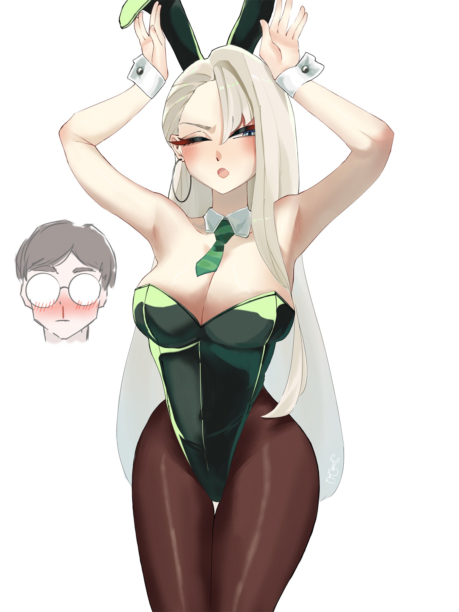 1boy, 1girls, artist request, breasts, bunny ears, bunnysuit, draco malfoy, draco malfoy (redteneri), female, female focus, genderswap, girls, harry james potter, harry potter, hi res, large breasts, light skin, light-skinned female, looking at viewer, male, mewing, rule 63, thick thighs, thighs, wide hips