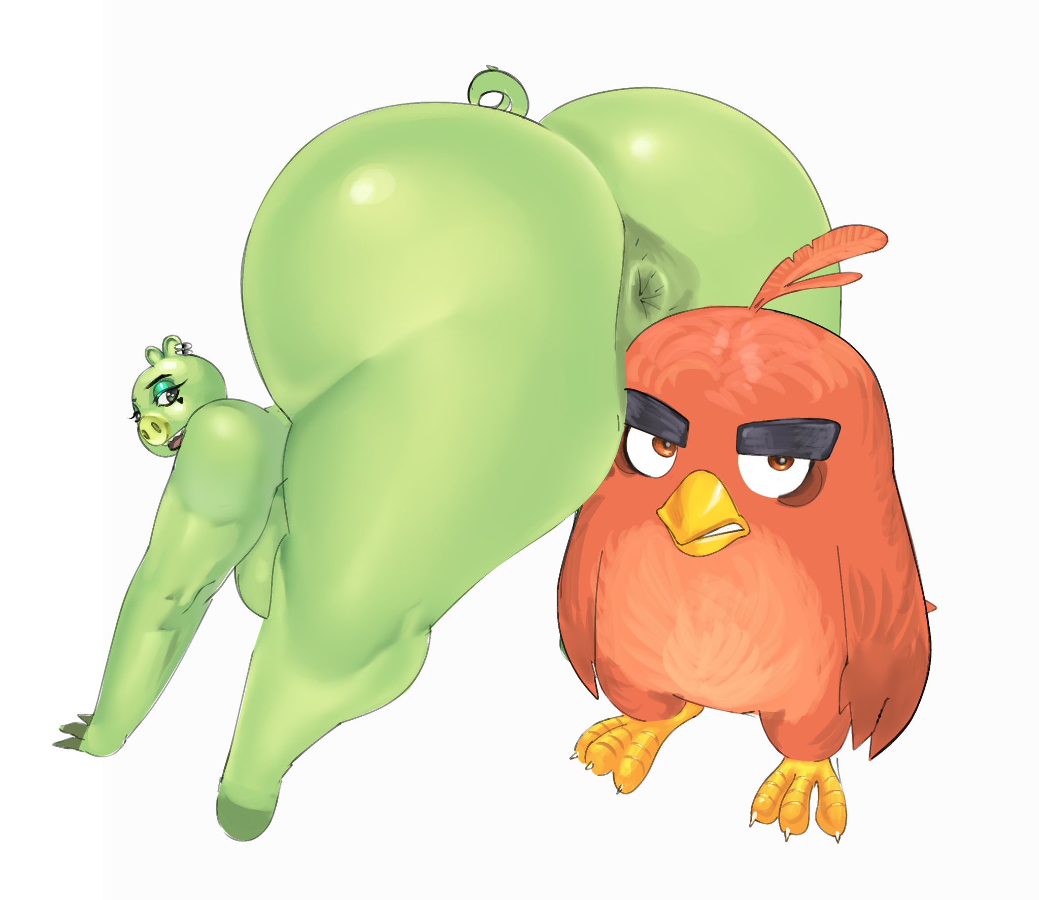 1boy, 1girls, all fours, angry birds, annoyed, anthro, anus, ass on face, avian, beak, big ass, big breasts, bigger female, breasts, bushy eyebrows, butt, dumptruck ass, green skin, hooves, large ass, looking at viewer, looking back, naked, pig (angry birds), pig tail, quattrant, red (angry birds), red feathers, sideboob, size difference, smaller male, swine, talons, teasing, thick thighs, thighs