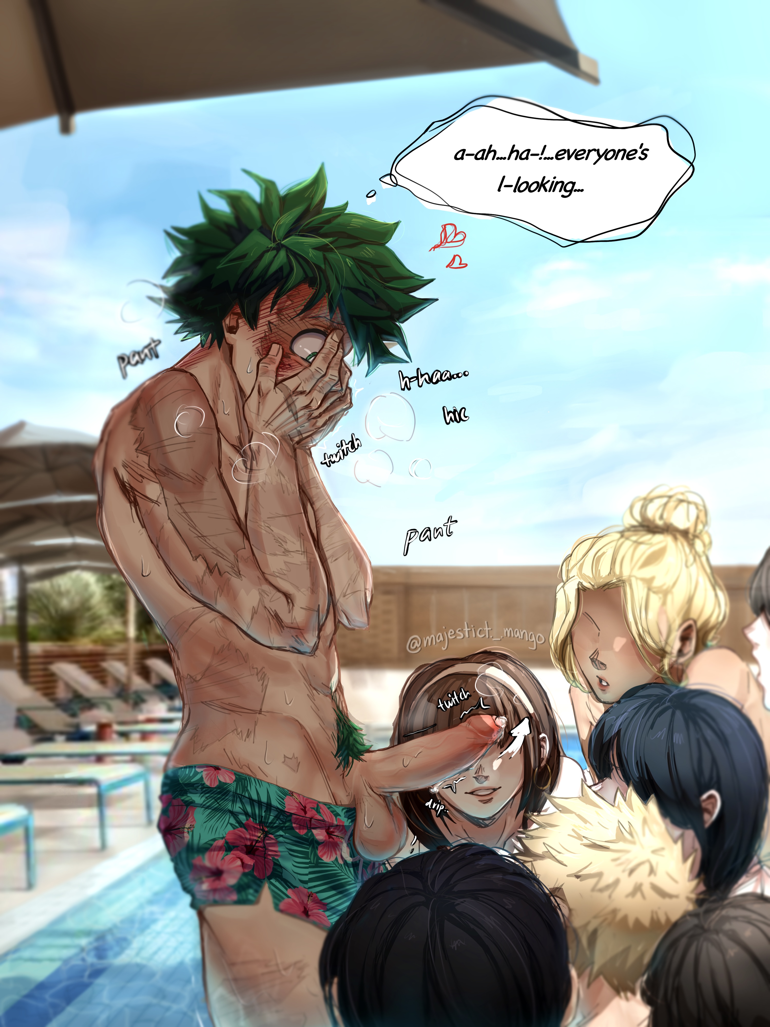 athletic, athletic male, big dick, big penis, blush, blushing, boku no hero academia, cock, covering face, deku, dialog, dialogue, dick, embarrassed, embarrassed male, english dialogue, english text, face in hands, faceless character, faceless female, fit, fit body, fit male, flushed, flushed face, flustered, flustered male, green eyes, green hair, hands, hands on face, hands on head, happy trail, izuku midoriya, looking at penis, looking down, majestict mango, male, male focus, messy hair, midoriya izuku, muscles, muscular, my hero academia, panting, pelvis, penis, penis awe, penis on face, penis out, pubic hair, red face, scar, scars, scars all over, shorts, shorts down, side view, spiky hair, swimming pool, swimming trunks, swimsuit, swimwear, tagme, trunks, umbrella, visible breath