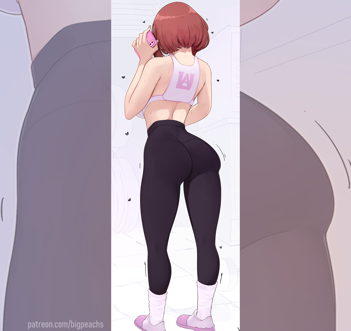 1girl, 1girls, ass, ass focus, back view, behind view, bigpeachs, brown hair, brunette, clothed, female, female focus, female only, gym clothes, gym clothing, leggings, my hero academia, puririn (puririiin), socks, solo female, sports bra, sportswear, uraraka ochaco, uraraka ochako, yoga pants