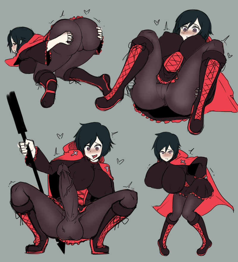 1futa, ass, ass expansion, balls, bimbo, black hair, blush, boots, breast expansion, breast growth, breast growth (enlargement), breasts, cape, dress, erection, female, futa only, futa transformation, futanari, hair, huge ass, huge breasts, huge cock, intersex, leggings, penis, purple eyes, red cape, ruby rose, rwby, short hair, silver eyes, sinensian, solo, testicles, transformation, uncensored