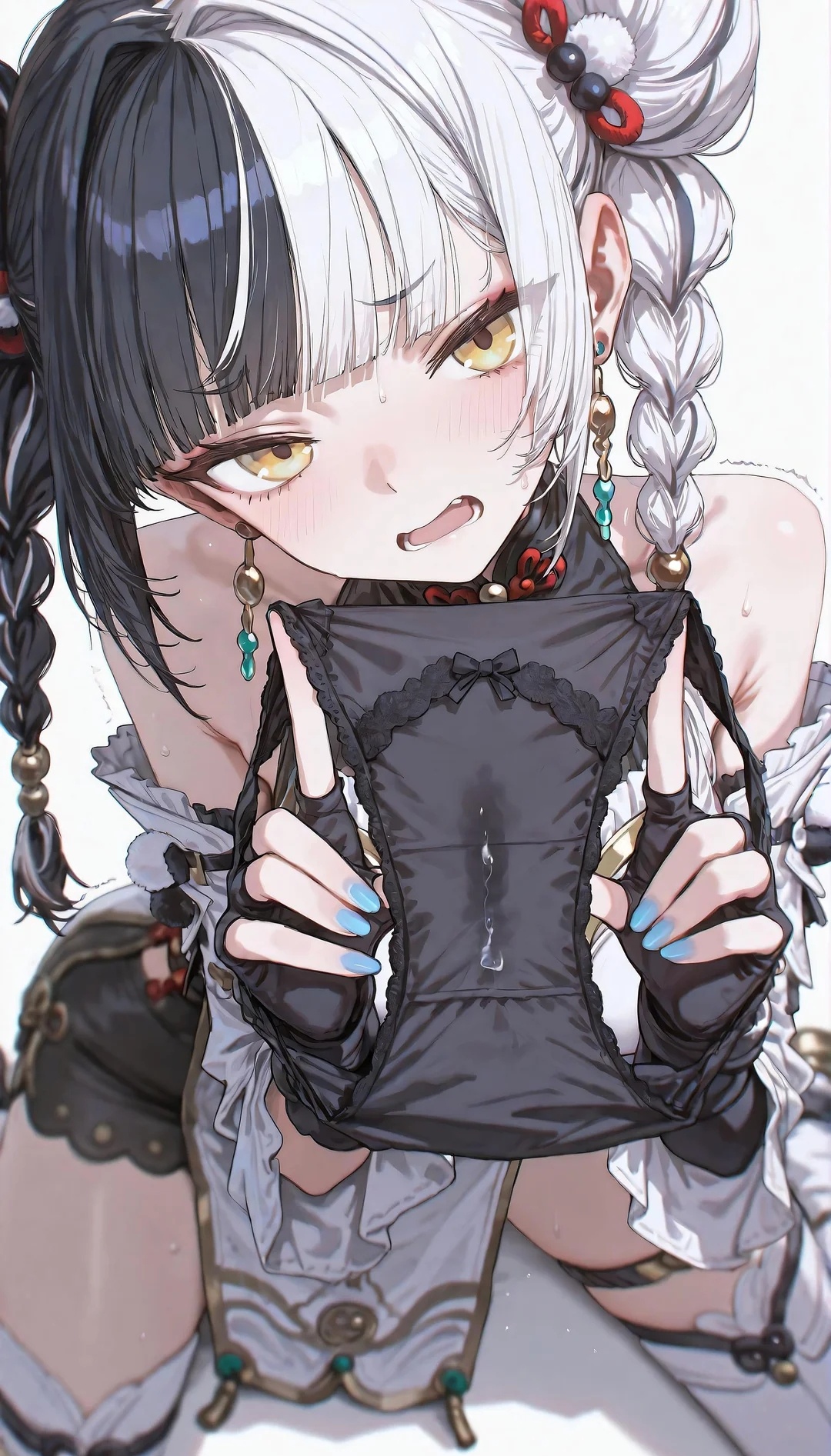 1girl, ai generated, black panties, blue nails, colored nails, dialyn (zenless zone zero), holding panties, long hair, long nails, painted nails, panties, solo, solo female, solo focus, two-tone hair, zenless zone zero