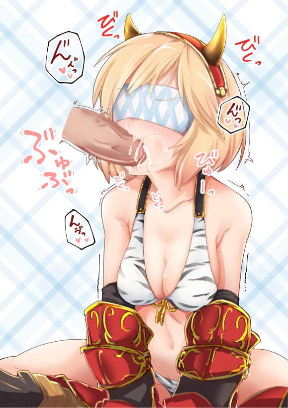 bikini blindfold blonde_hair blush boots breasts cleavage clueless cum cum_in_mouth djeeta_(granblue_fantasy) fellatio female front-tie_top gloves granblue_fantasy headband horns large_breasts nishimura_nike oral penis short_hair sitting solo_focus straight swimsuit text translation_request trembling uncensored