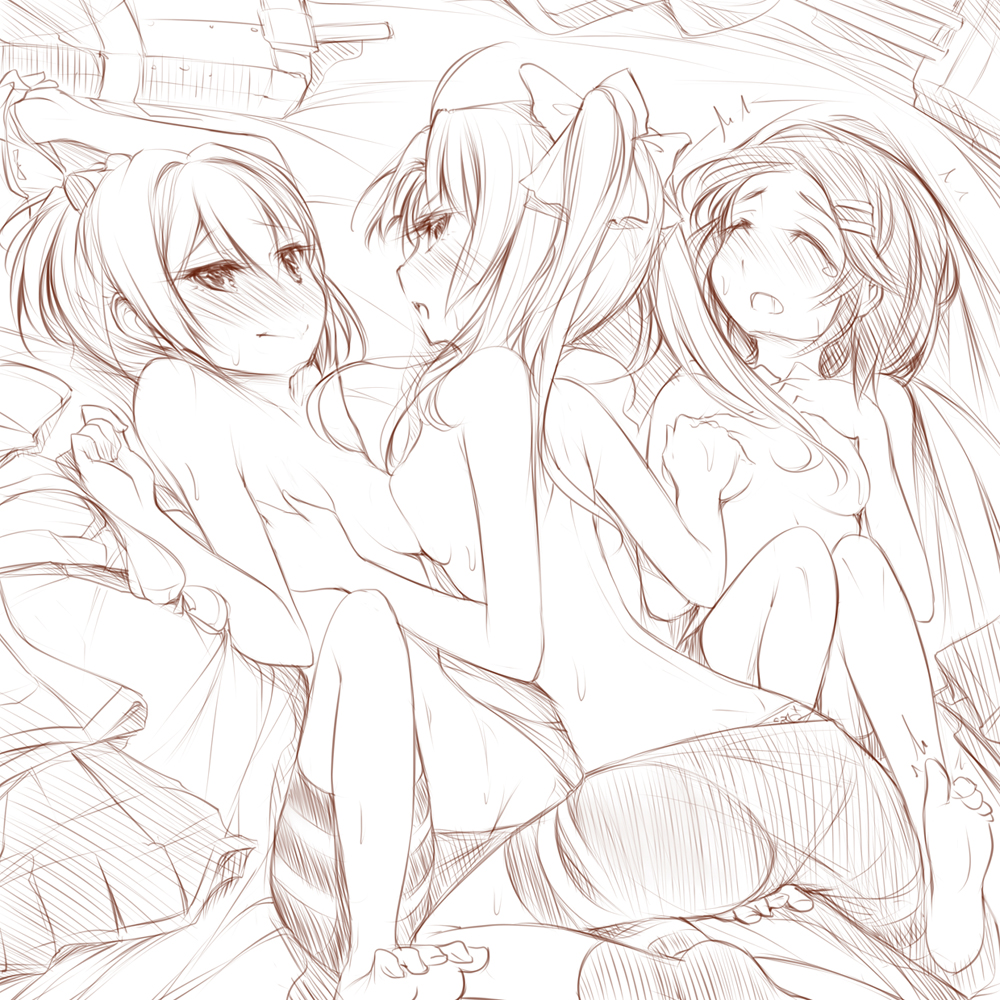 3girls ahoge bare_shoulders barefoot bike_shorts blush breast_press breasts closed_eyes clothes_removed female hair_ornament hair_ribbon hairclip hand_on_breast hands_on_own_chest holding holding_panties kagerou_(kantai_collection) kantai_collection kuroshio_(kantai_collection) long_hair lying monochrome multiple_girls no_gloves on_back open_mouth panties panties_removed ponytail ribbon shiranui_(kantai_collection) short_hair short_ponytail small_breasts symmetrical_docking tied_hair twintails underwear yuri yuriwhale