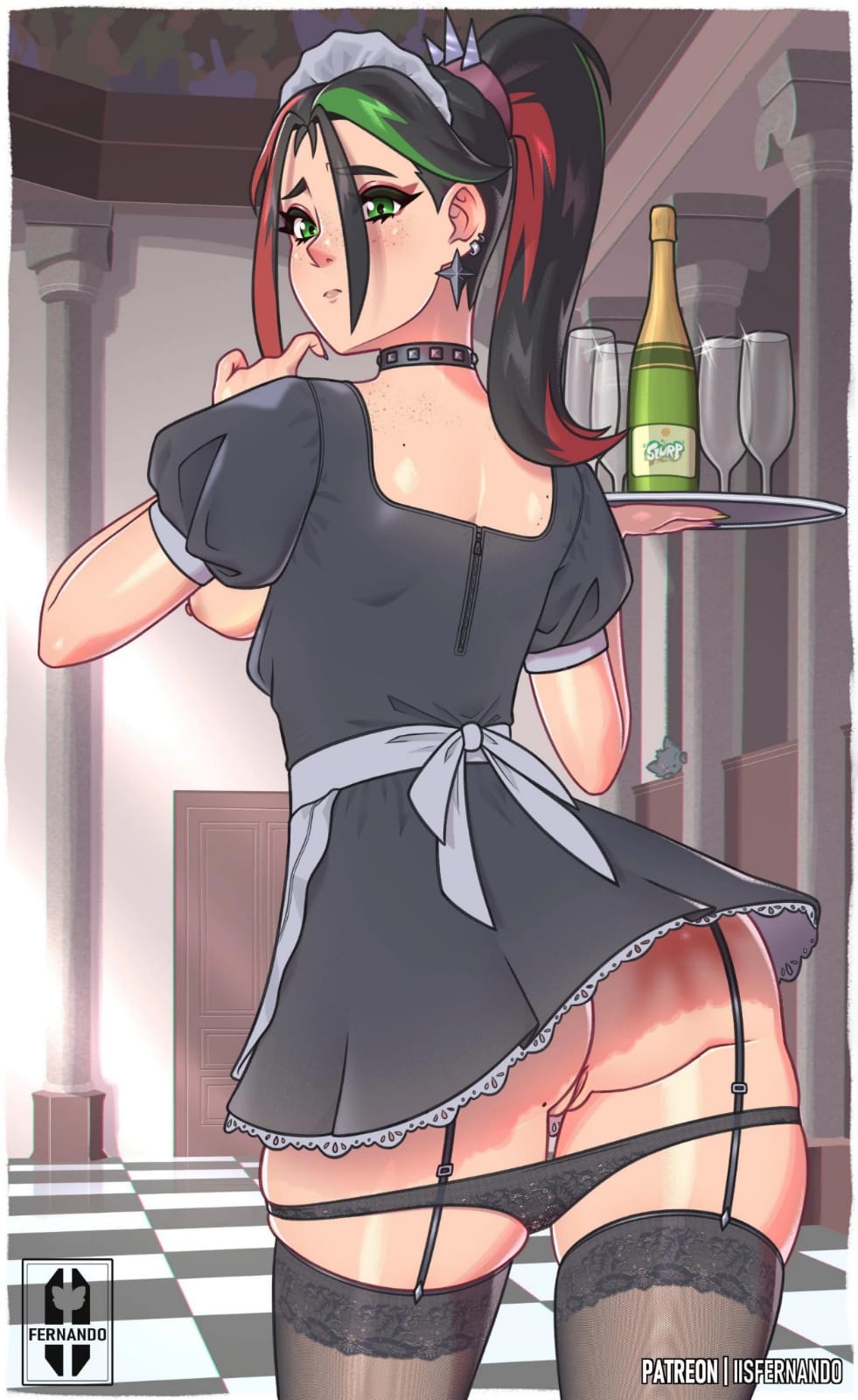 black hair, bottomless, brown nipples, cowgirl position, darkiisfernando, focus on ass, fortnite, fortnite: battle royale, fortnite: festival, garter belt, garter straps, green eyes, helsie (fortnite), helsie midnight (fortnite), holding breast, looking at viewer, maid outfit, maid uniform, mexican, mexican male, pale skin, penetration, sex, showing ass, showing breasts, vagina, vaginal, vaginal penetration, vaginal sex, viewed from behind