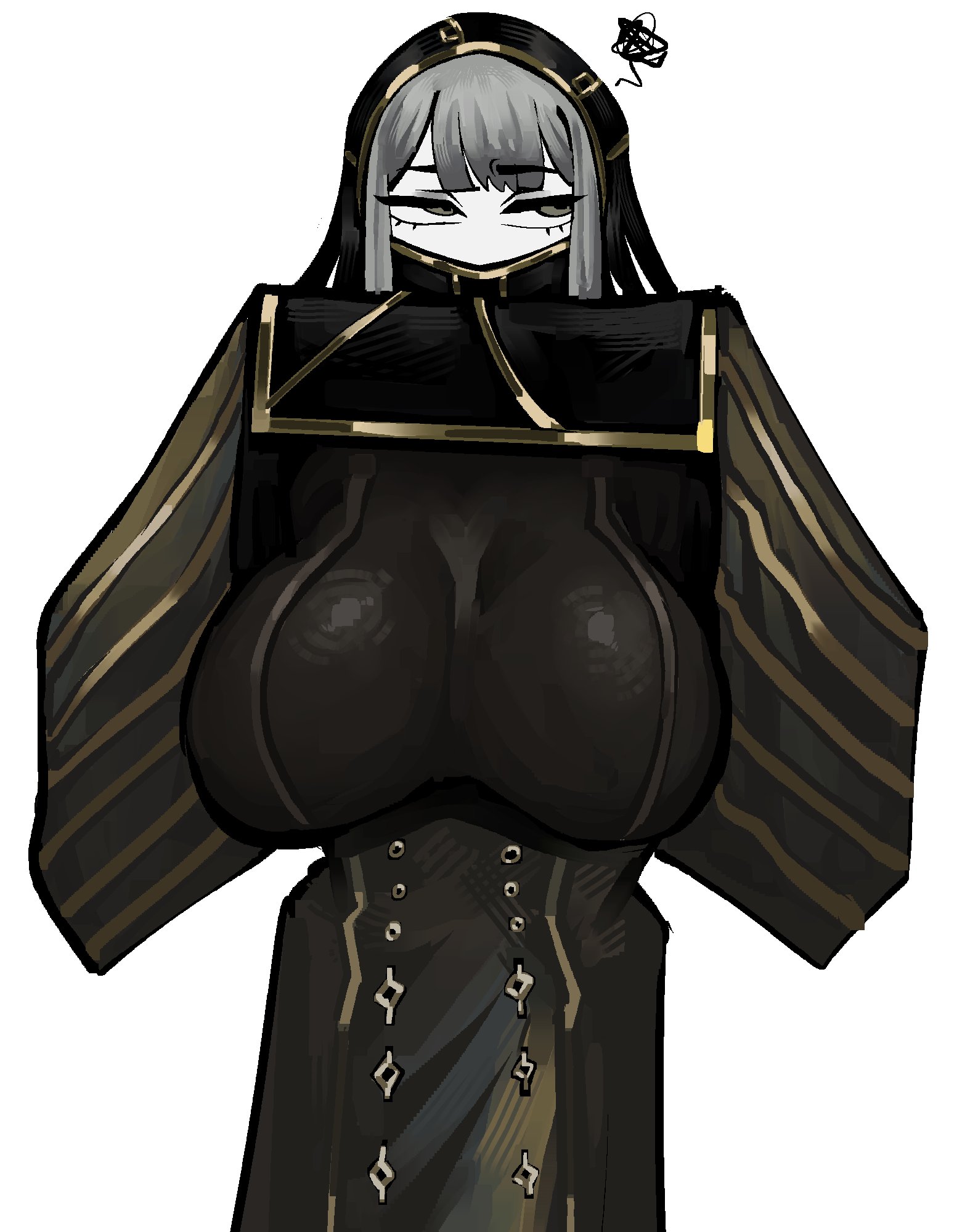1girls, annoyed, annoyed expression, covered mouth, eclipseecliptus, female focus, female only, flashing breasts, fully clothed, huge breasts, lifting clothing, limbus company, mostly clothed, pale skin, pale-skinned female, project moon, solo, solo female, solo focus, tight clothing, top heavy, veil, white background