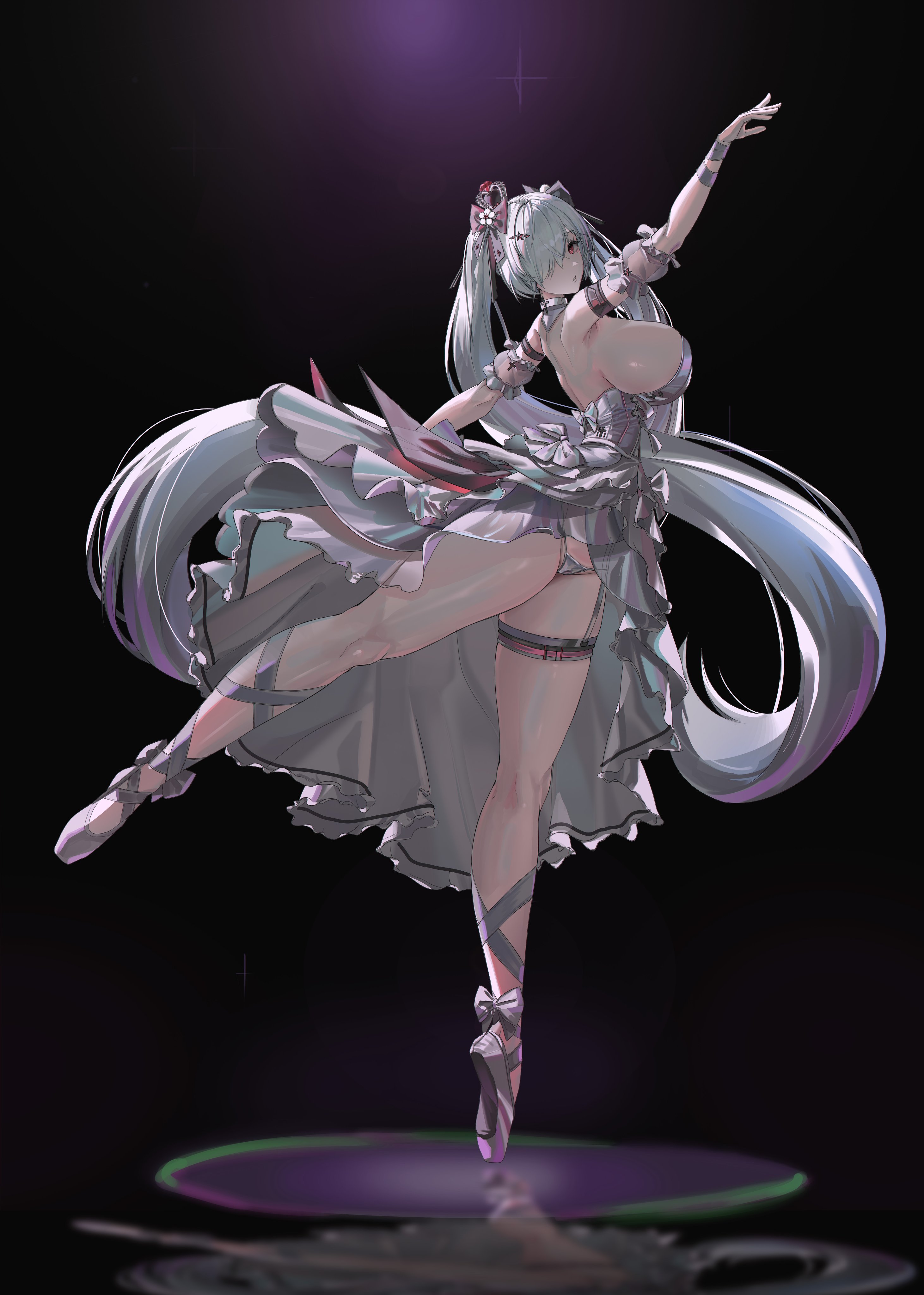 1girls, back, ballet slippers, big breasts, breasts, breasts bigger than head, cinderella (glass princess) (nikke), cinderella (nikke), dancing, disgustingtokki, exposed panties, female, female only, garter, goddess of victory: nikke, looking at viewer, mostly clothed, pale skin, panties, reflection, solo, tagme, thick thighs, thighs, twintails, white clothing, white hair