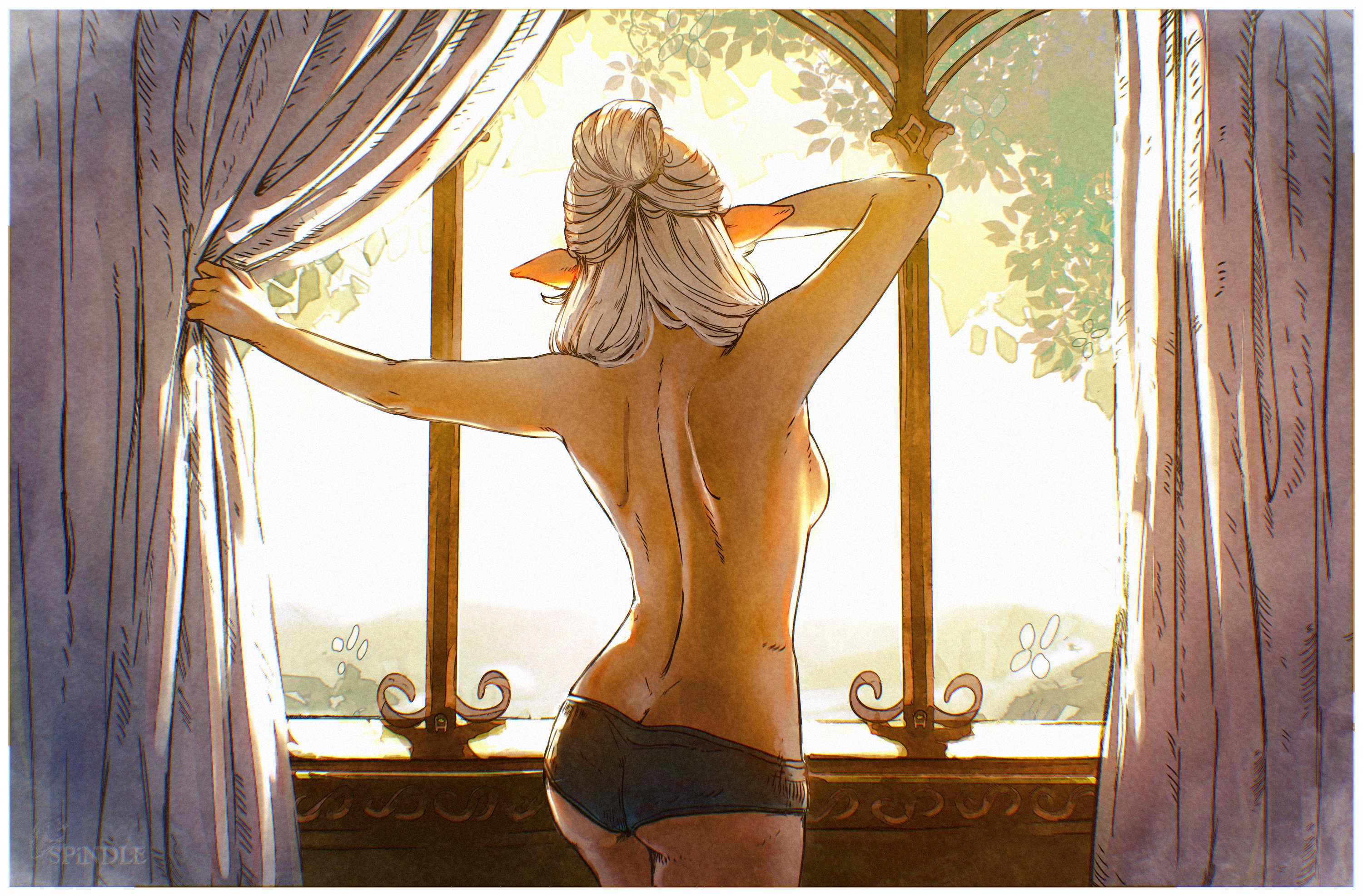 1girls, ass, back, back focus, backboob, breasts, cowboy shot, curtains, dimples of venus, elf, facing away, from behind, hair bun, looking outside, medium breasts, medium hair, morning, original, original character, pointy ears, shoulder blades, single hair bun, solo, spindle (aidenr0), topless female, underwear, underwear only, white border, white hair, window