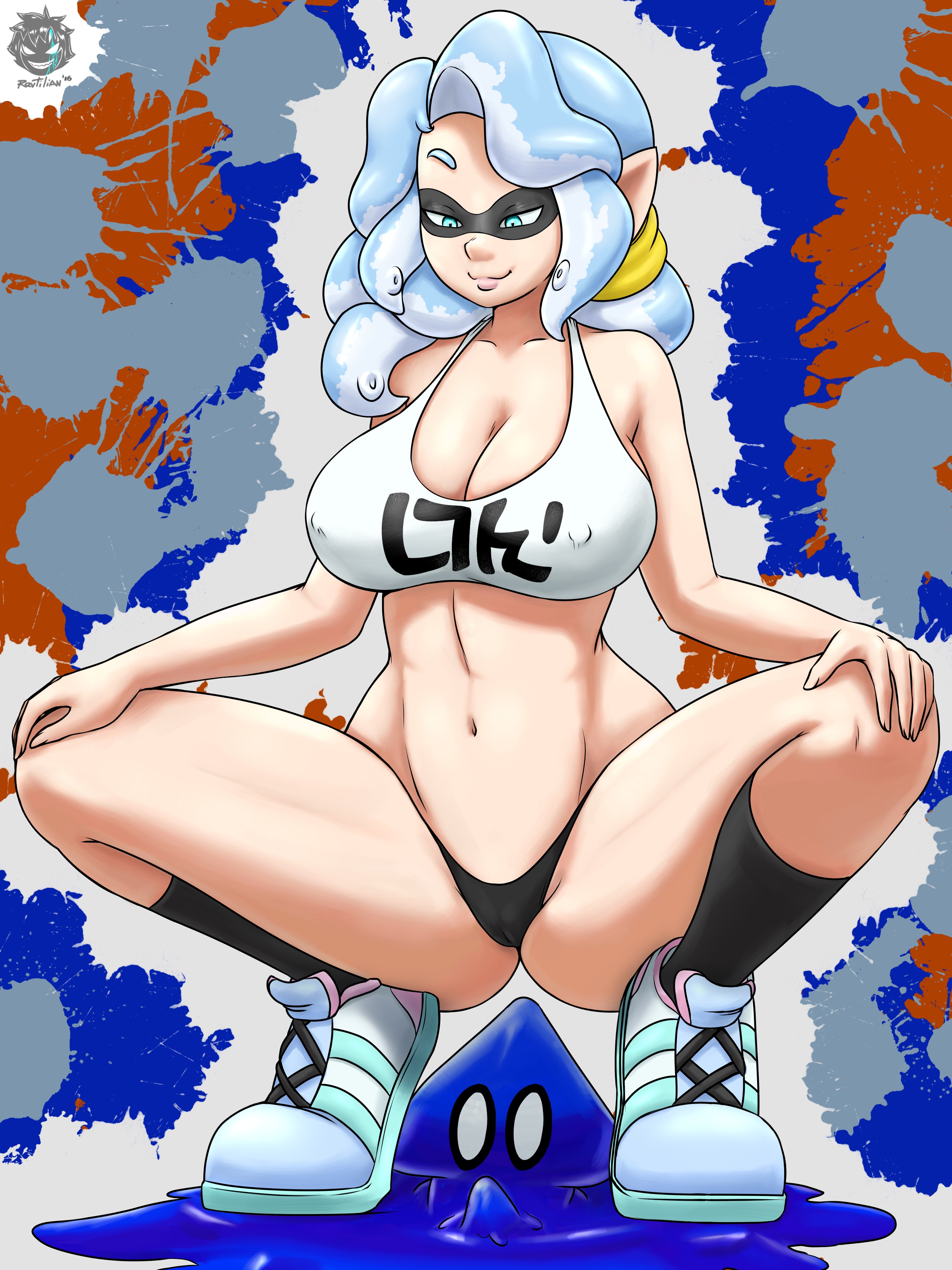 blue eyes, blue hair, breasts, cleavage, clothes, female, footwear, highres, inkling, large breasts, long hair, mask, navel, nintendo, panties, revtilian, shoes, sneakers, socks, solo, soubriquetrouge, splatoon, squatting, tank top, underwear