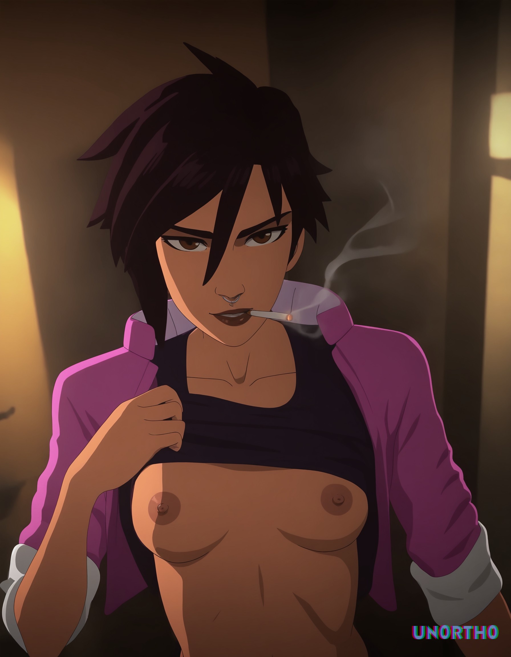 1girls, ai generated, breasts, brown eyes, cigarette, dispatch (game), exposed breasts, exposed nipples, female, hi res, invisigal, jacket, lifting shirt, looking at viewer, medium breasts, nipples, piercing, seductive, septum piercing, short hair, small breasts, smoke, smoking, tagme, tomboy, un0rth0