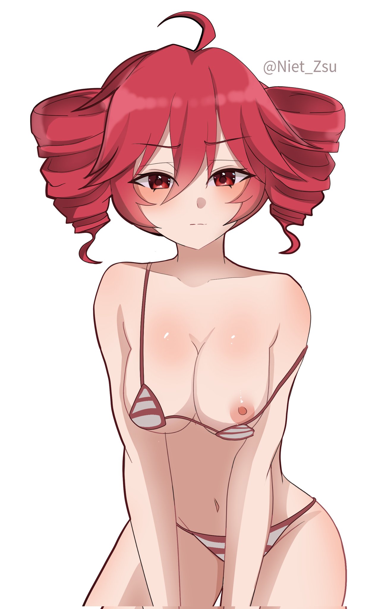1girls, 2d, 2d (artwork), ahoge, areola slip, areolae, artist name, belly, bikini, bikini slip, blush, breasts, breasts pressed together, curvaceous, curvy, curvy female, curvy figure, embarrassed, embarrassed female, female, female only, kasane teto, looking at viewer, medium breasts, navel, niet zsu, nipple slip, nipples, petite, petite body, petite female, red eyes, red hair, shiny skin, simple background, skinny, skinny female, slim female, slim waist, solo, solo female, striped bikini, thick thighs, thighs, twin drills, utau, white background