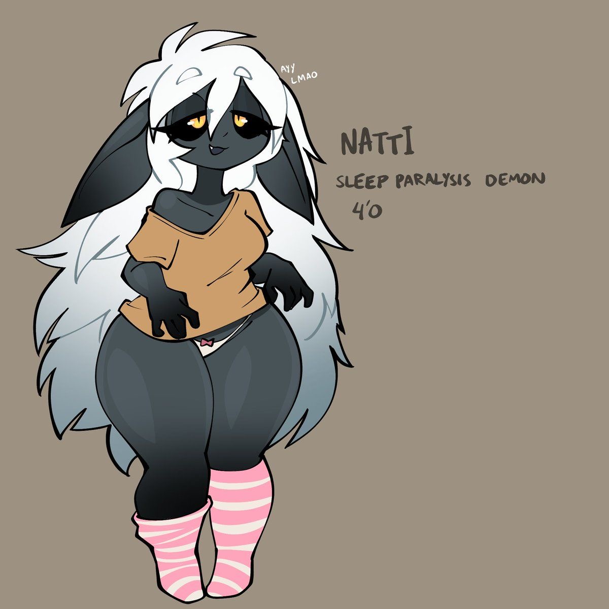 :3, 1girls, black sclera, bow panties, cute fang, droopy ears, female, female only, gray skin, hair between eyes, jek korpen, long ears, long hair, natti (jek korpen), no pants, panties, petite, pink socks, pointy ears, shortstack, sleep paralysis demon, slit pupils, socks, solo, striped legwear, striped socks, thick eyebrows, white hair, yellow eyes
