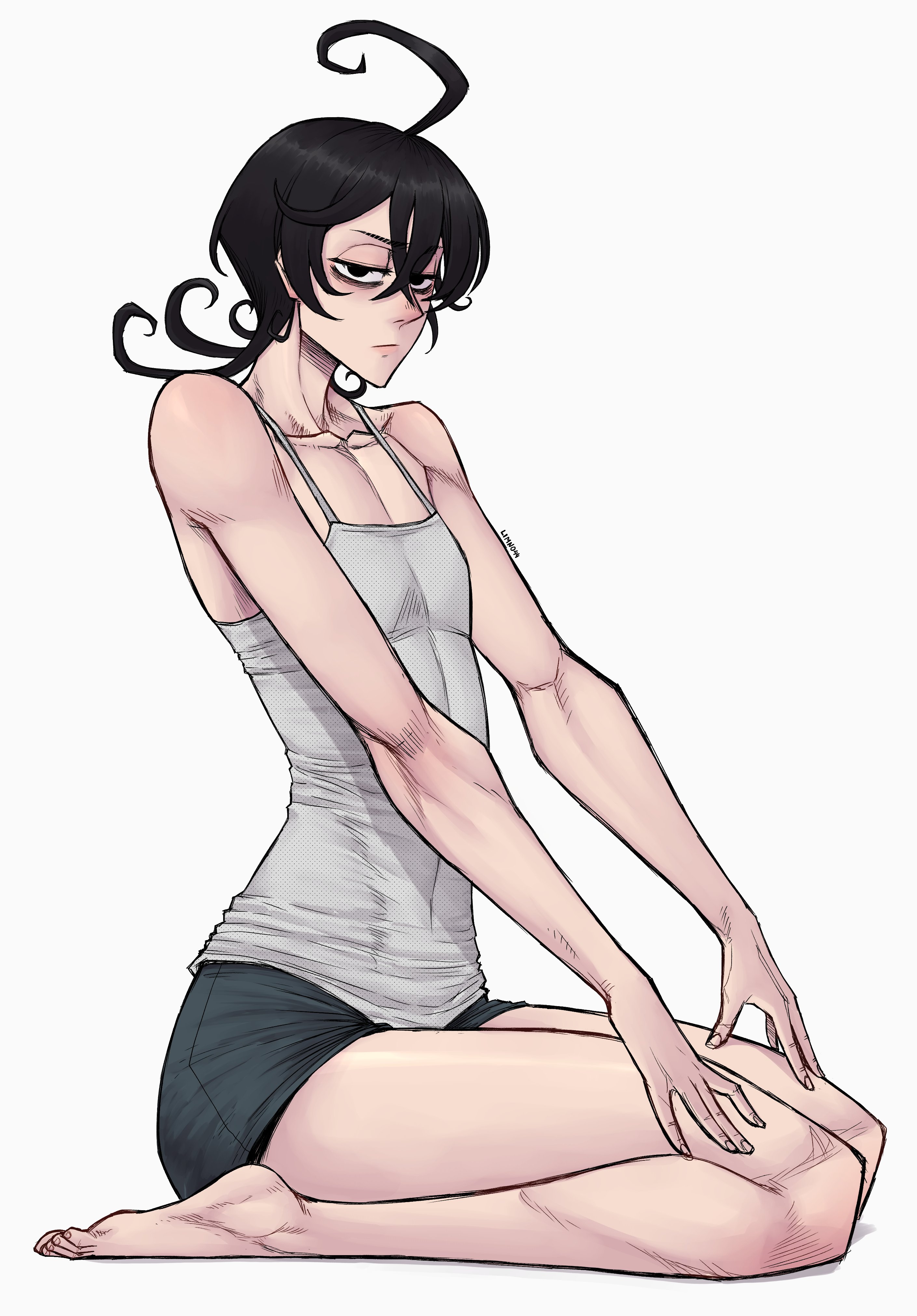 2d, ahoge, black hair, casual clothes, dark circles, female, female only, flat chest, fuyumura shiori, limn044, looking at viewer, muscular, sanda (anime), slender body, solo female, thick thighs, white body