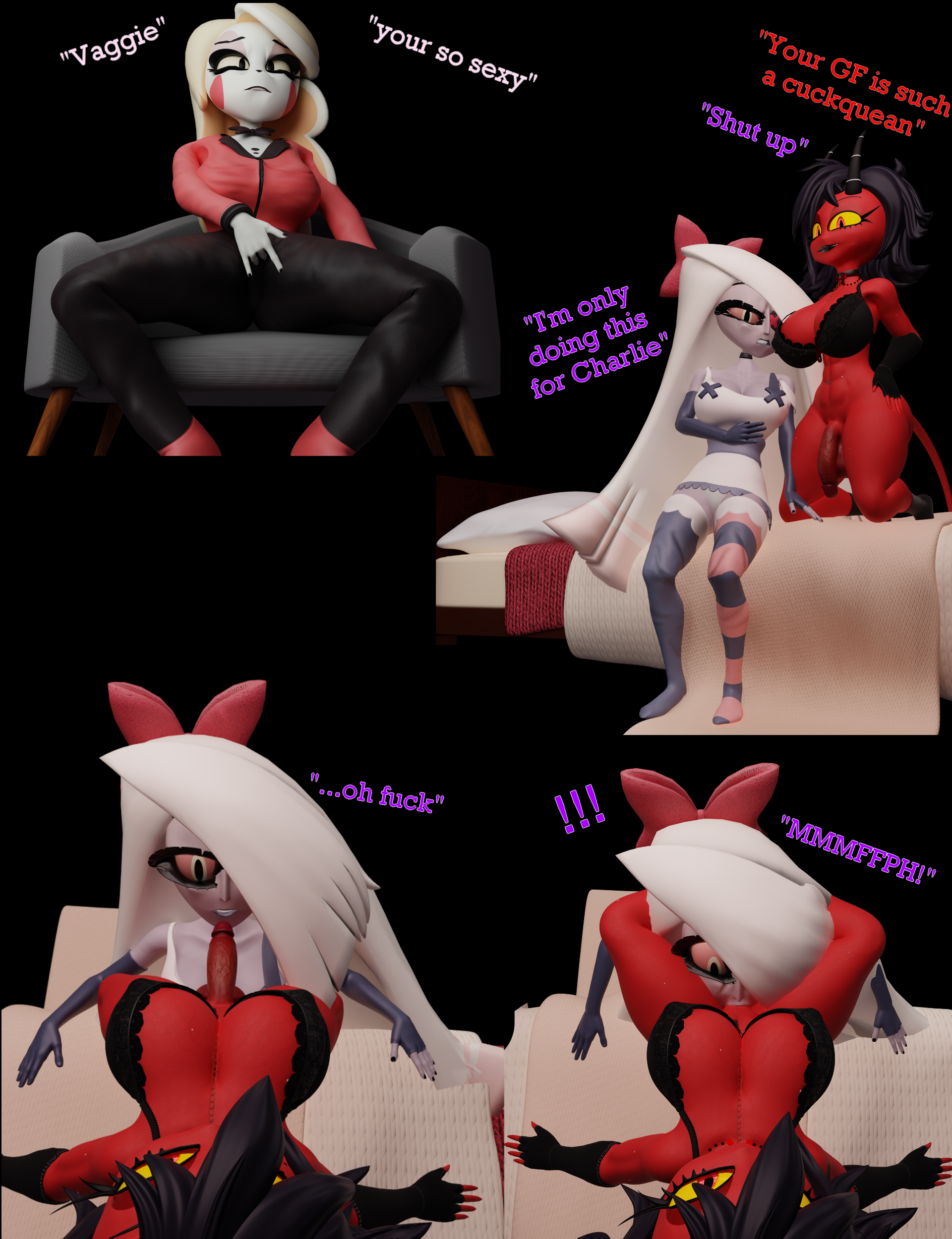 3d, big breasts, blowjob, blowjob face, boobs, breasts, charlie morningstar, charlie morningstar (hazbin hotel), cuckquean, curvaceous, curvy, curvy figure, female, femdom, futa on female, futadom, futanari, hazbin hotel, helluva boss, heperson, imp, lingerie, masturbation, millie (helluva boss), shortstack, skirt, thick, thick ass, thick thighs, thighhighs, thighs, vaggi (hazbin hotel), vaggie, vaggie (hazbin hotel), voyeur, voyeurism