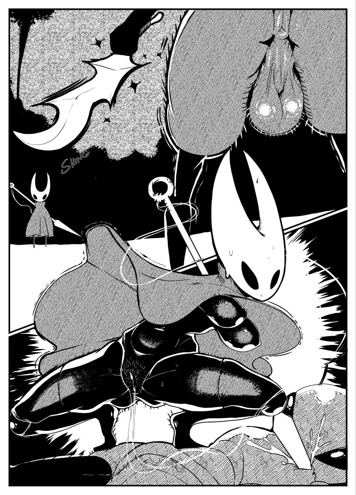 1boy, 1girls, 2 horns, alternate body type, alternate breast size, arthropod, artist name, big ass, big breasts, big butt, black body, black skin, breasts, bubble ass, bubble butt, bug, bug girl, female, hollow knight, hollow knight: silksong, hornet (hollow knight), large ass, large breasts, large butt, male, silksong, spookiarts, team cherry