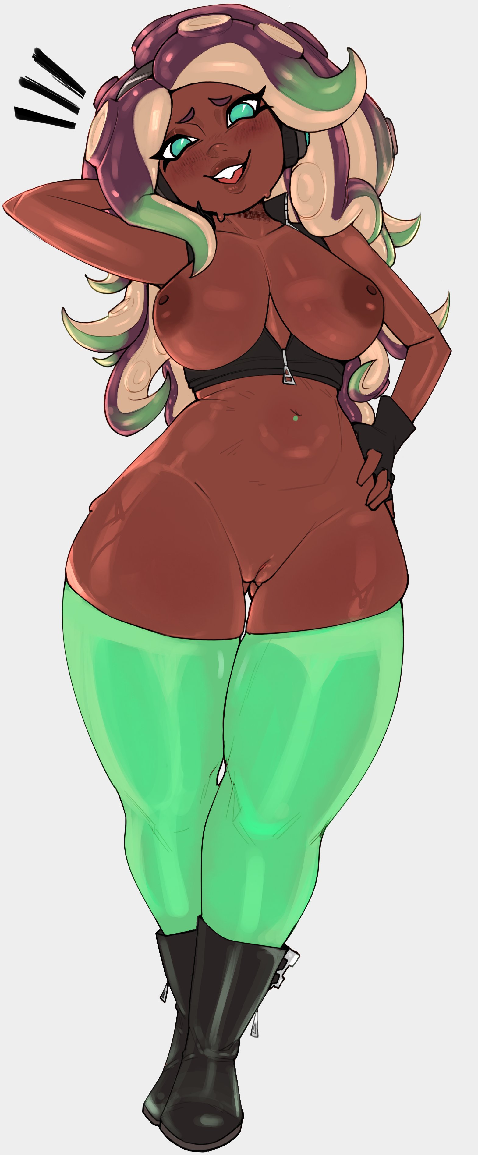 1girls, areolae, breasts, dark skin, dark-skinned female, female, female only, hater lly, marina (splatoon), navel piercing, nintendo, nipples, solo, splatoon, splatoon (series)