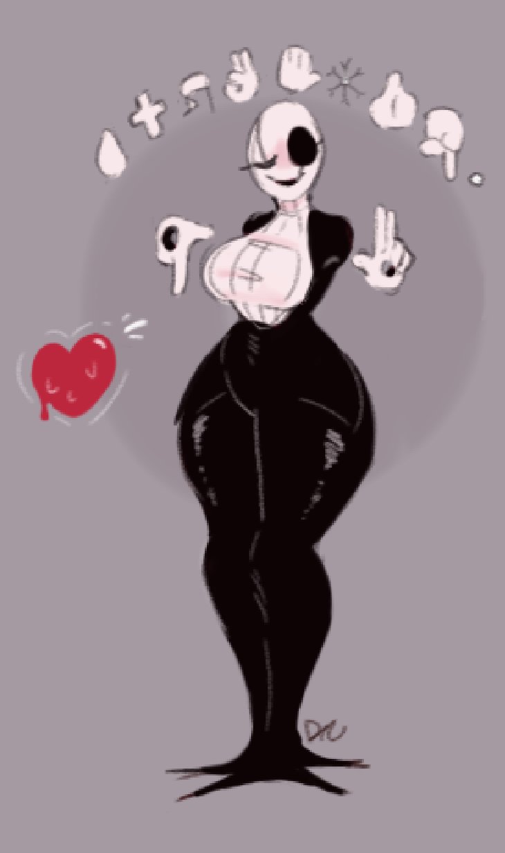 2d, 2d (artwork), black dress, breasts, draw the stars, dress, fem gaster, female, female only, floating hands, gaster, grey fur, hand sign, low quality, no arms, pixelated, soul (undertale), sweat, sweater, sweating, tagme, text, tight clothing, tight dress, turtleneck, turtleneck sweater, undertale, undertale (series), white sweater, wingdings, wingdings text
