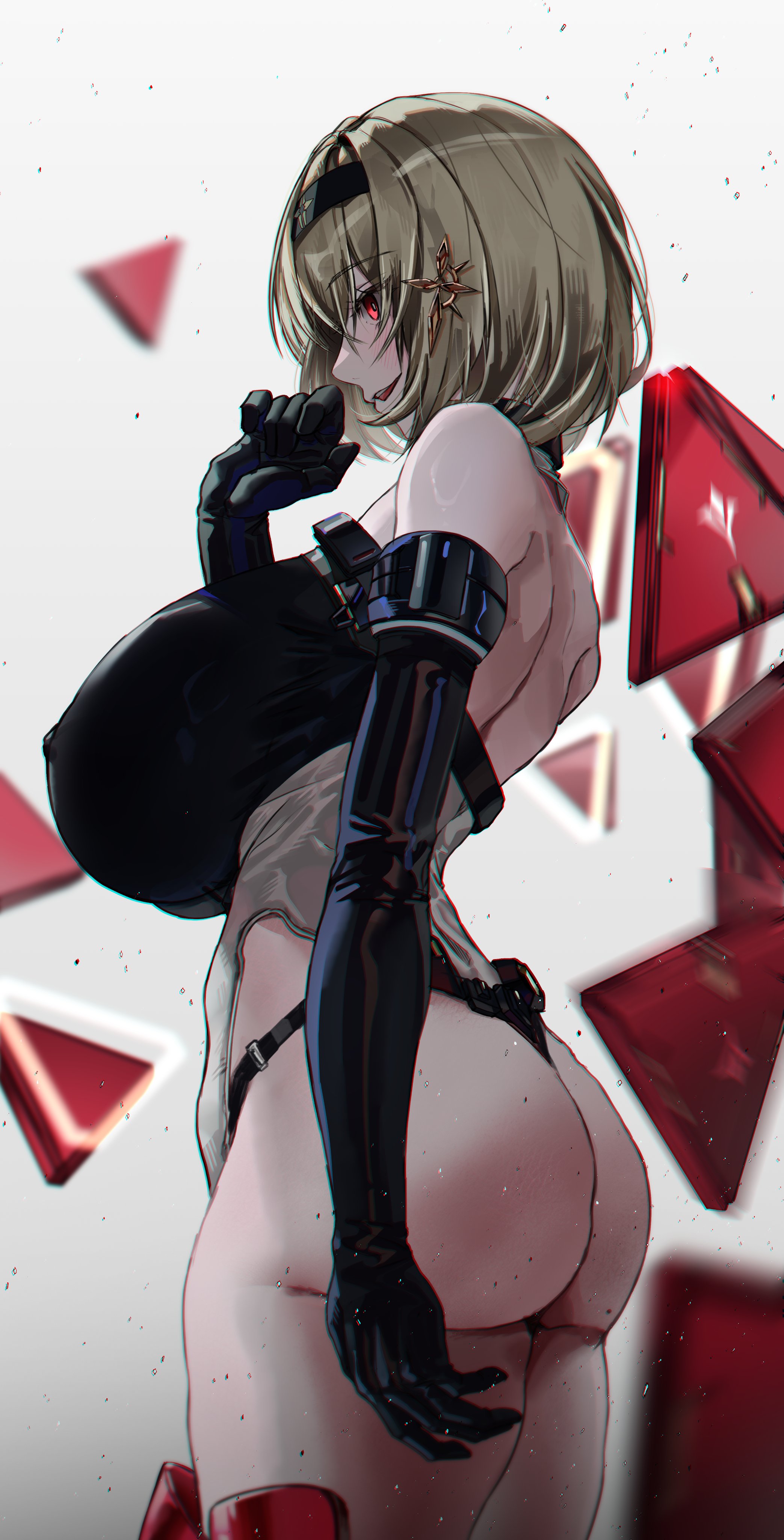 1girls, ass, ass focus, back, big ass, blonde hair, bob cut, breasts, breasts bigger than head, disgustingtokki, eyebrows visible through hair, female, female only, goddess of victory: nikke, hair ornament, hairband, hips, huge breasts, leotard, light skin, light-skinned female, long gloves, mostly clothed, motion blur, nipple bulge, red eyes, red shoes (nikke), sideboob, solo, tagme, thick thighs, thighs, tight clothing, white background