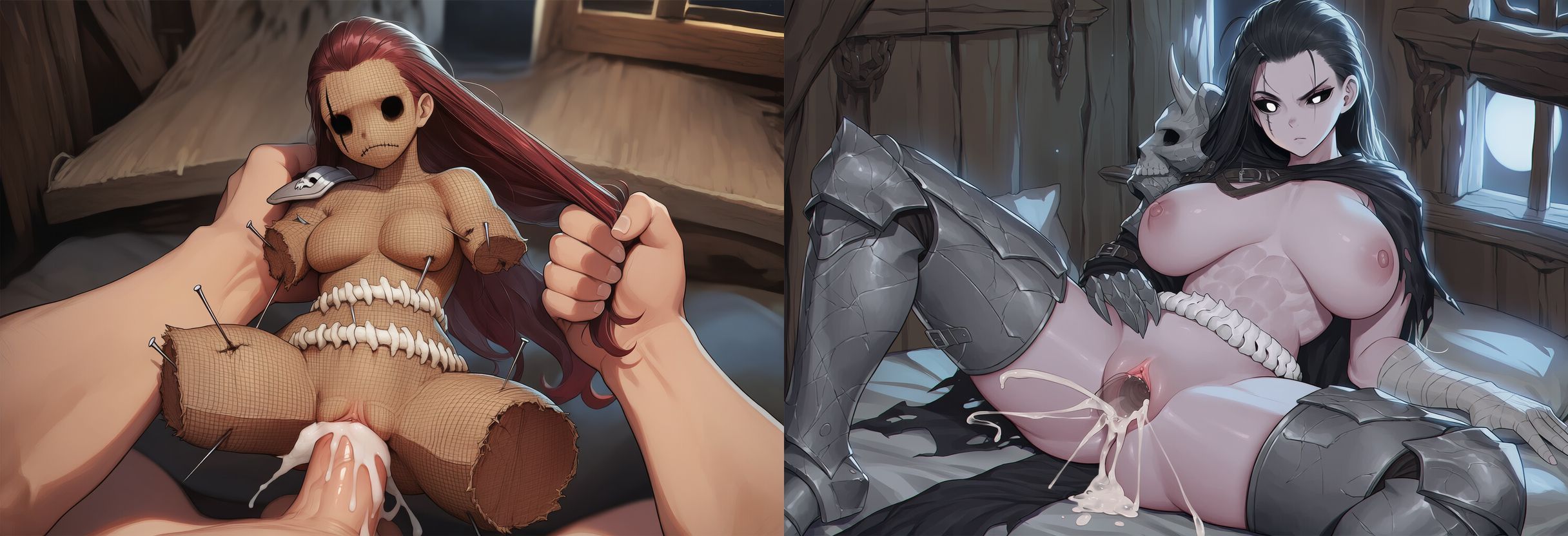 1boy, 2girls, abs, acupuncture, ai generated, amputee, armor, armored female, belt, bijou (paigen), black eyes, black hair, black sclera, bones, boots, breasts, brown skin, burlap skin, cloak, cum, cum in pussy, doll, ejaculation, female, gauntlets, hollow eyes, horror, horror (theme), large breasts, long hair, male, micro female, monster girl, muscles, necromancer, needles, nipples, no arms, no eyes, no legs, original, original character, paigen, pale skin, penis, pins, pov, pussy, quadruple amputee, ravena (paigen), red hair, scar, scar over eye, sewn mouth, size difference, skull, small female, split screen, stitched mouth, stitches, tiny female, toned body, toned female, vaginal penetration, vaginal sex, voodoo doll, voodoo penetration, voodoo sex, white eyes, wrappings