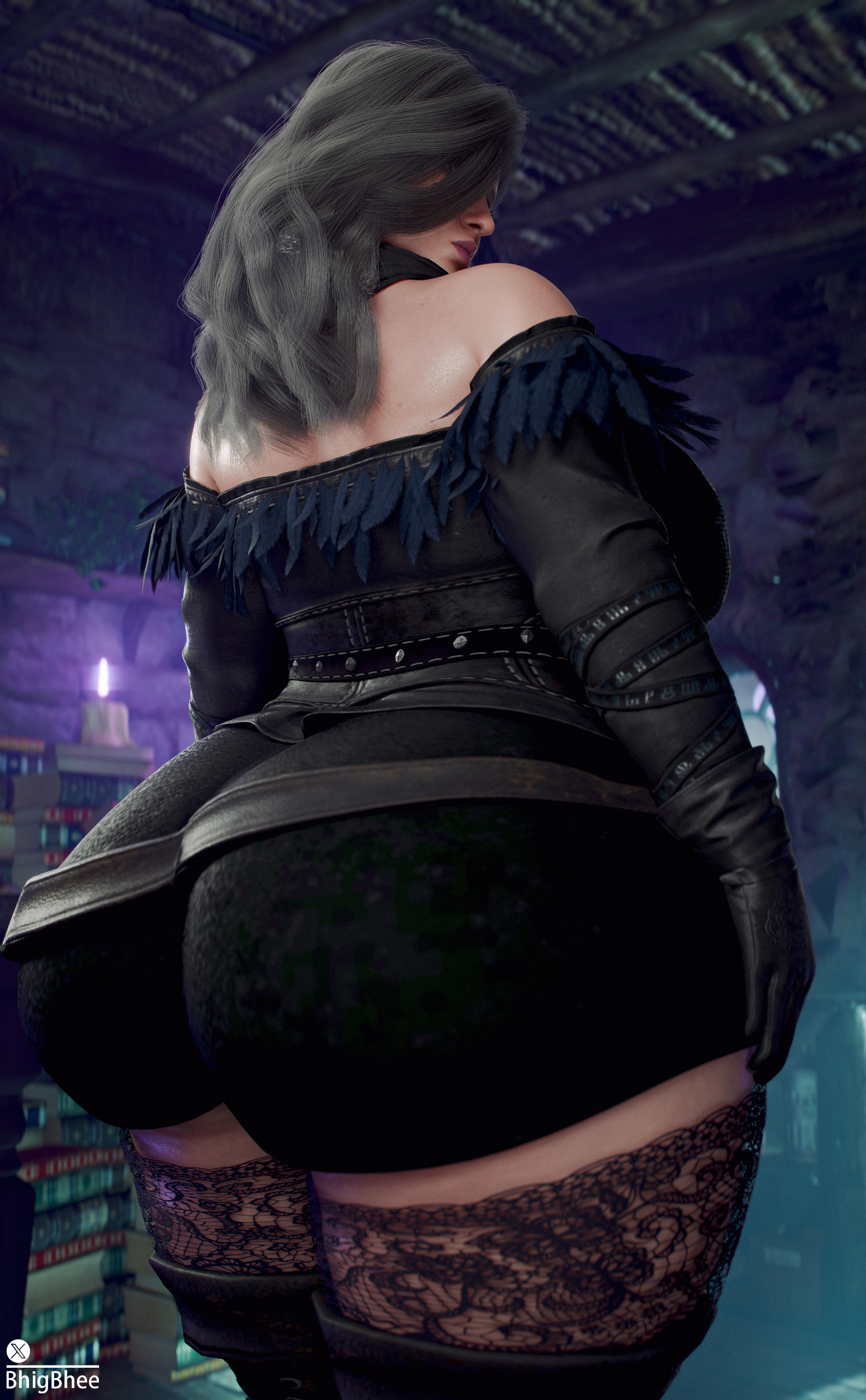 3d, ass, back view, bbw, bhigbhee, big ass, big breasts, black gloves, black hair, breasts, bubble butt, cd projekt red, chubby, chubby female, clothing, fat ass, fat butt, female, gloves, leather gloves, light-skinned female, milf, overweight, overweight female, solo, solo female, stockings, the witcher (series), the witcher 3: wild hunt, yennefer