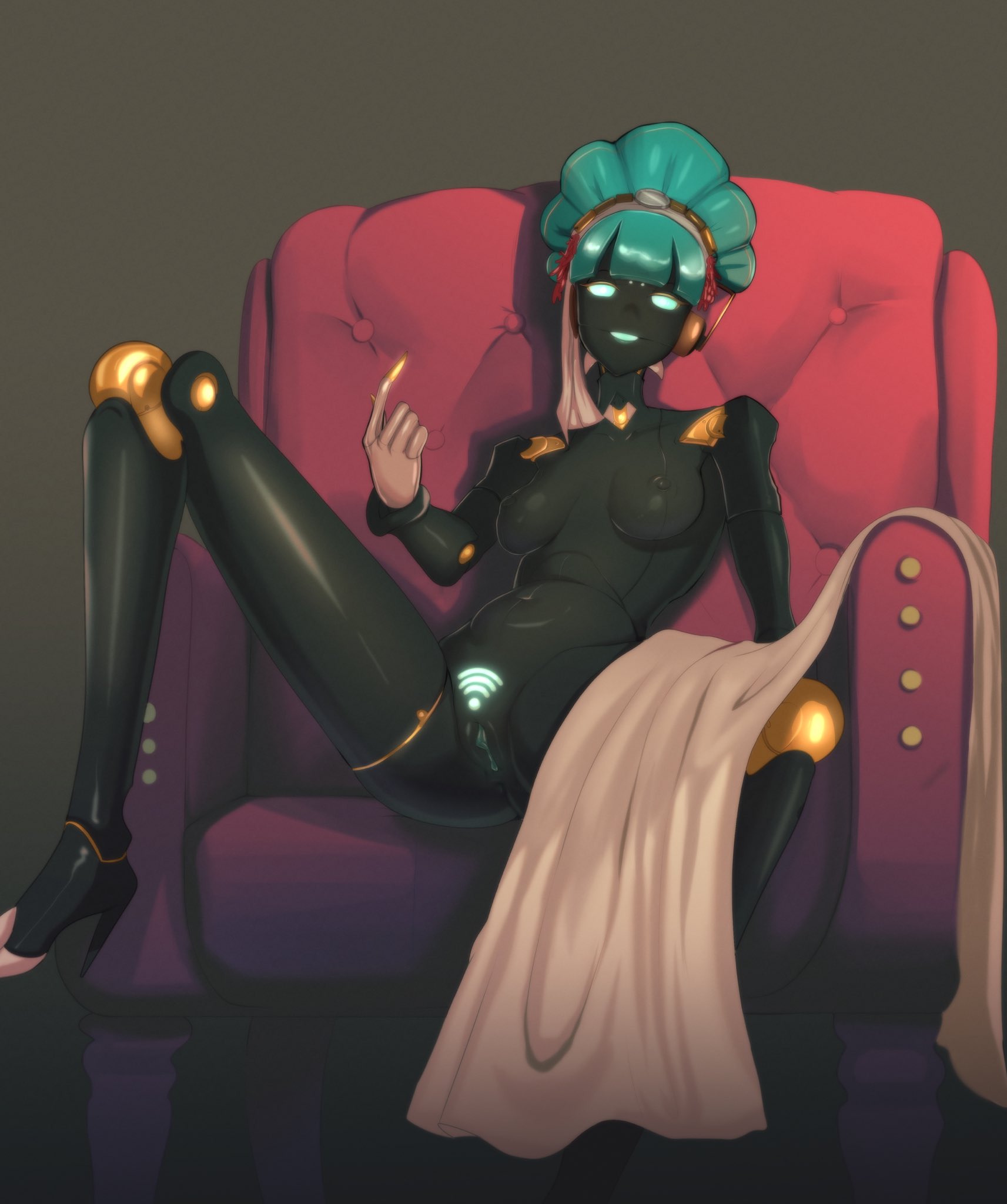 1girls, android, black body, black skin, elfy (zenless zone zero), female, green hair, hoyoverse, medium breasts, robot girl, robot humanoid, spookiarts, zenless zone zero