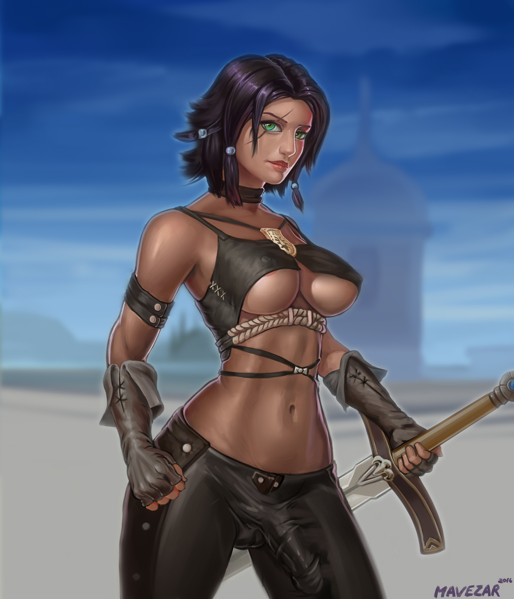 1futa, areolae, balls, balls bulge, balls under clothes, breasts, bulge, cameltail, cleavage, erect nipples, final fantasy, final fantasy xiv, futa only, futanari, gloves, green eyes, half-erect, intersex, large breasts, large penis, looking at viewer, mavezar, nipple bulge, nipples, penis, penis bulge, penis under clothes, scar, solo, solo futa, tenting, testicles, underboob, weapon, wide hips