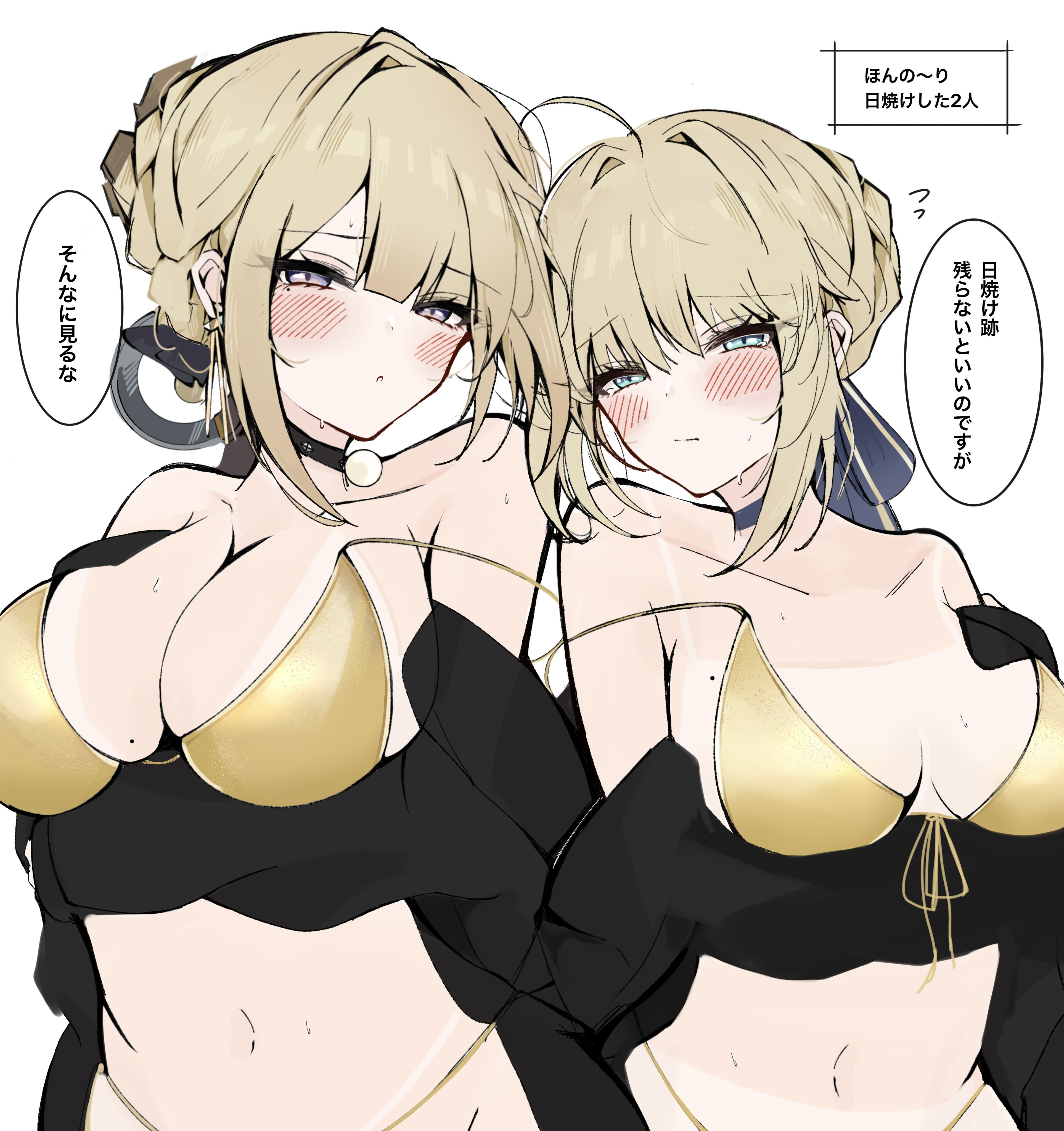 2girls, absurdres, ahoge, alternate breast size (larger), artoria pendragon, bikini, black choker, blonde hair, blue eyes, blue ribbon, blush, braid, braided bun, breasts, bun with braided base, choker, collarbone, commentary request, cowboy shot, crossover, double strap slip, earrings, evelyn chevalier, fate (series), fate/stay night, female, front-tie top, gold bikini, groin, hair bun, hayato hoshi604, highres, jewelry, large breasts, look-alike, mole, mole under eye, multiple females, multiple girls, navel, purple eyes, ribbon, saber, single braid, strap slip, sweat, swimsuit, tan, tanlines, translation request, zenless zone zero