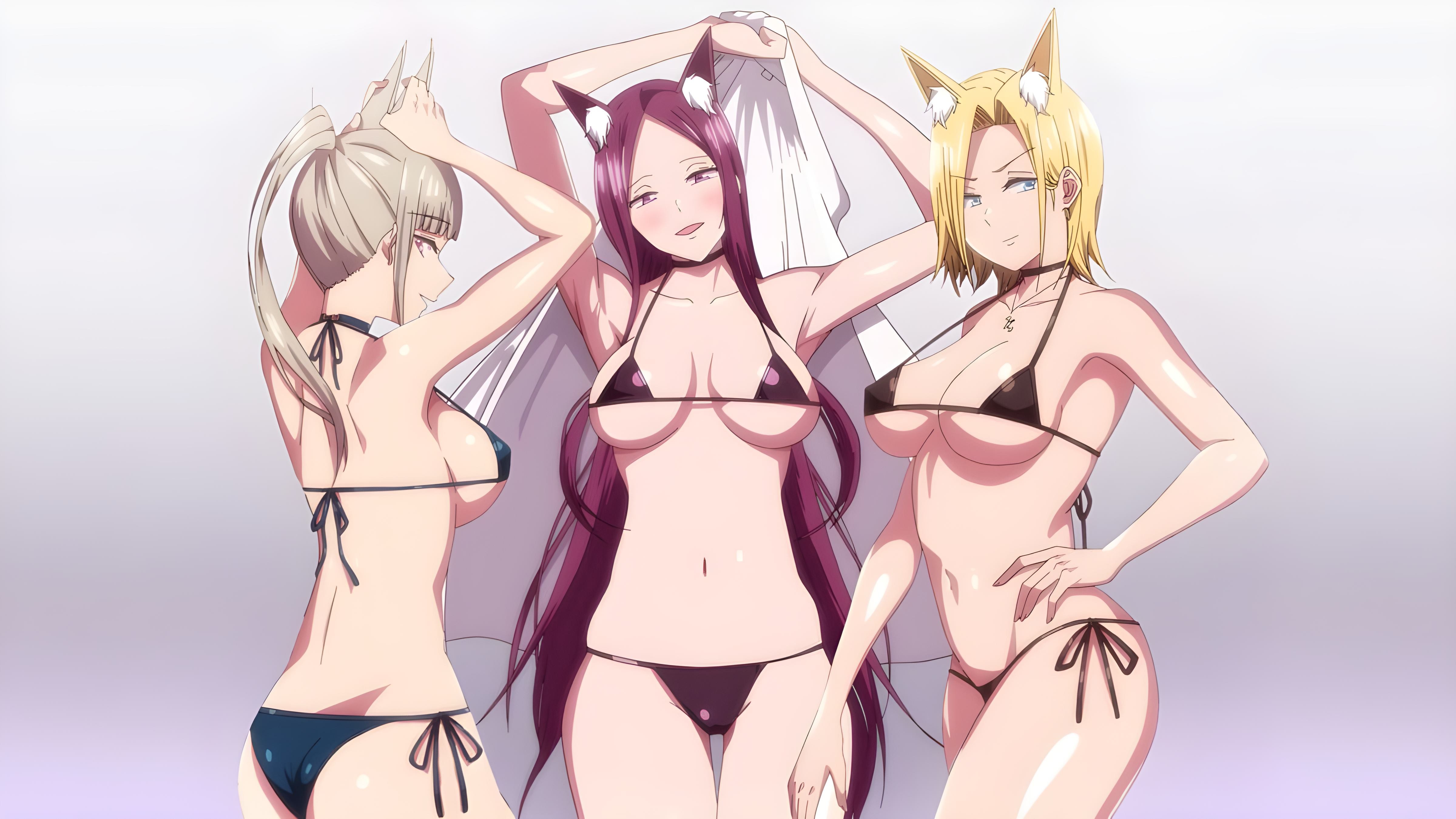 3girls, ass, belly button, big ass, big breasts, bikini, blonde hair, blue eyes, bra, female, fox ears, gal, gyaru, hamazaki reina, imaizumin-chi wa douyara gal no tamariba ni natteru rashii, kurumizaka ruri, lingerie, naked, nori5rou, nude, open shirt, panties, pink eyes, purple eyes, purple hair, sasaki yukina, sexual, sexy, sexy pose, t-rex (animation studio), underwear