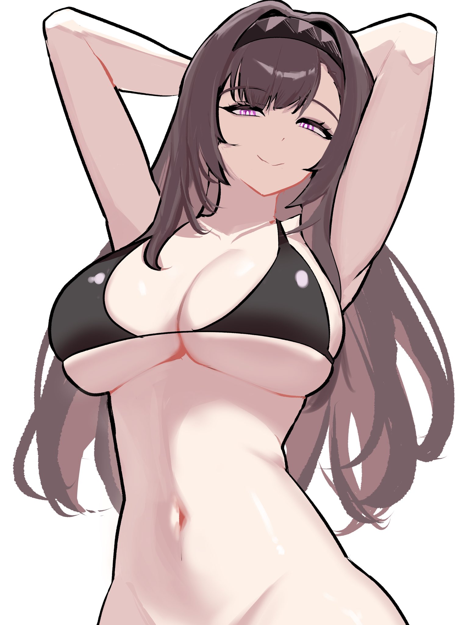 arknights, big breasts, bra, breasts, brown hair, female, light-skinned female, long hair, navel, priestess (arknights), purple eyes, seductive eyes, seductive look