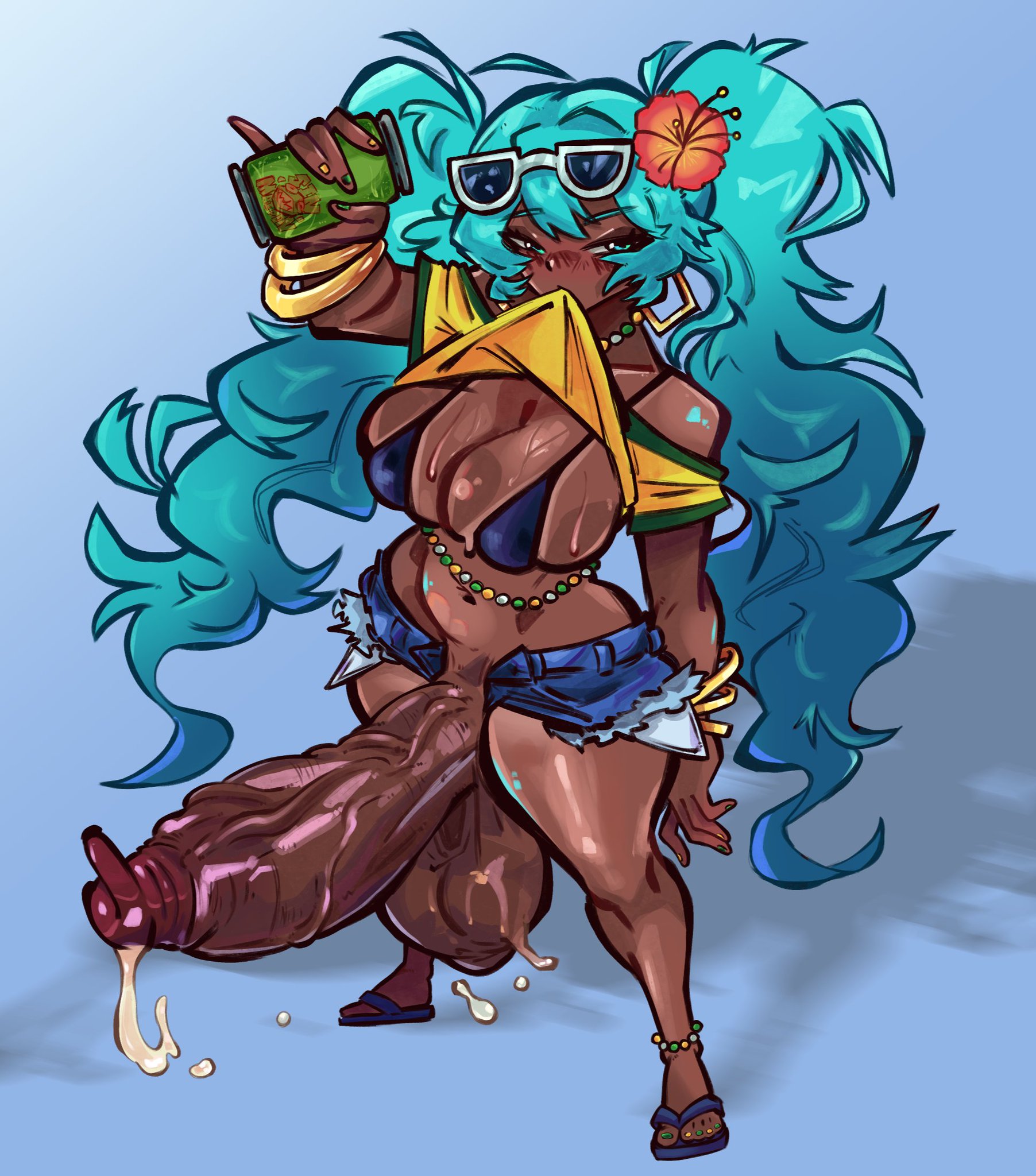 1futa, 1girl, absurdly large cock, anklet, aqua eyes, aqua hair, ass, big ass, big breasts, big cock, big penis, bikini, blue shorts, blush, bracelet, brazilian miku, breasts, cellphone, clothes in mouth, clothes lift, cock, cum, dark areolae, dark nipples, dark skin, dark-skinned female, dark-skinned futa, denim, denim shorts, dick, earrings, enormous cock, enormous penis, erection, eyewear on head, fat cock, flower, full body, futa, futa cock, futa milf, futa mommy, futa only, futanari, gigantic cock, gigantic penis, hair flower, hair ornament, hatsune miku, hibiscus, holding, holding phone, huge cock, huge penis, human, hung, hyper, hyper cock, hyper penis, impossible fit, jewelry, large breasts, large penis, large testicles, lifted by self, long hair, long penis, mature, mature body, mature figure, mature futa, milf, mommy, mouth hold, nail polish, navel, nipples, penis, phone, precum, rare, sandals, selfie, shirt, shirt in mouth, shorts, sinmaiden, solo, solo futa, standing, sunglasses, swimsuit, tagme, testicles, thick, thick ass, thick thighs, thighs, twintails, uncensored, veins, veiny, veiny penis, very dark skin, very fat penis, very long hair, very long penis, vocaloid, voluptuous, voluptuous futanari, wide hips