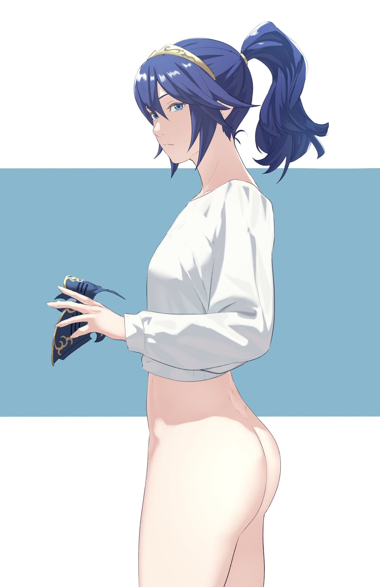 1girls, alternate hairstyle, ass, bare thighs, big ass, blue background, bottomless, brand of the exalt, breasts, casual exposure, cropped shirt, expressionless, female, female only, fire emblem, fire emblem awakening, highres, holding, holding mask, long sleeves, looking to the side, lucina (fire emblem), mask, medium hair, midriff, nintendo, pomelomelon, ponytail, small breasts, solo, stomach, symbol-shaped pupils, thighs, tiara, variant set, white background