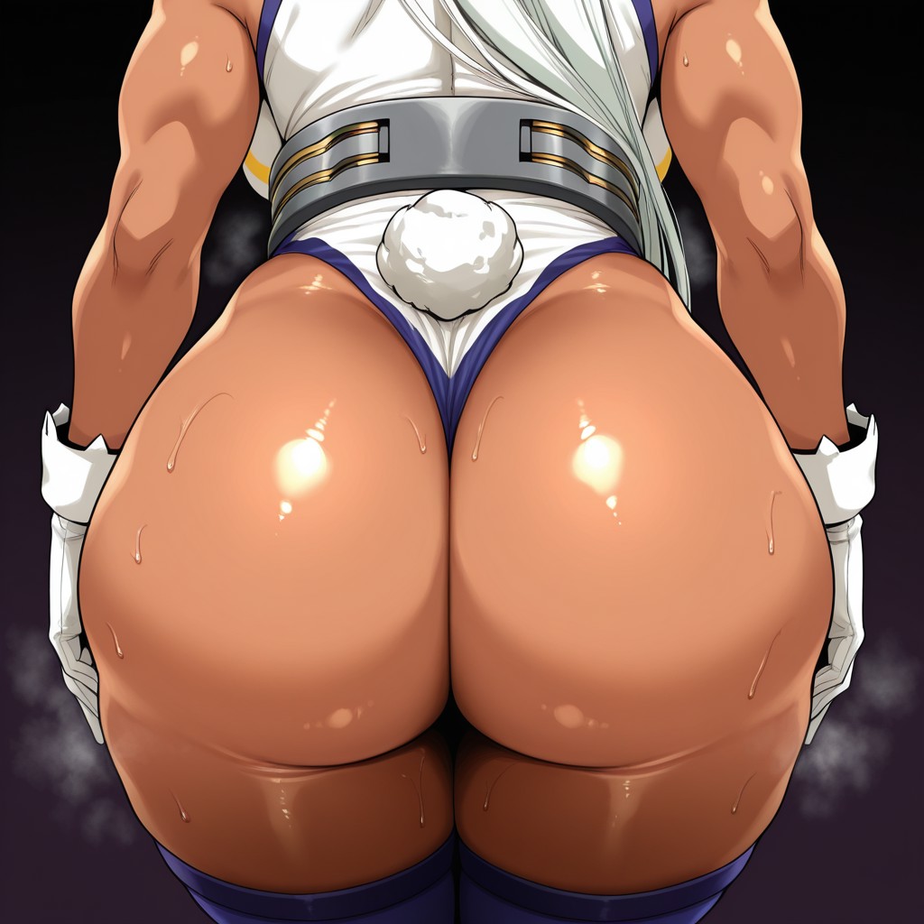 1girls, ai generated, ass, ass focus, big breasts, black background, boku no hero academia, breasts, dark background, dark skin, dark-skinned female, female, female only, huge ass, lower body, medium breasts, miruko, smell, solo, steam, thick thighs
