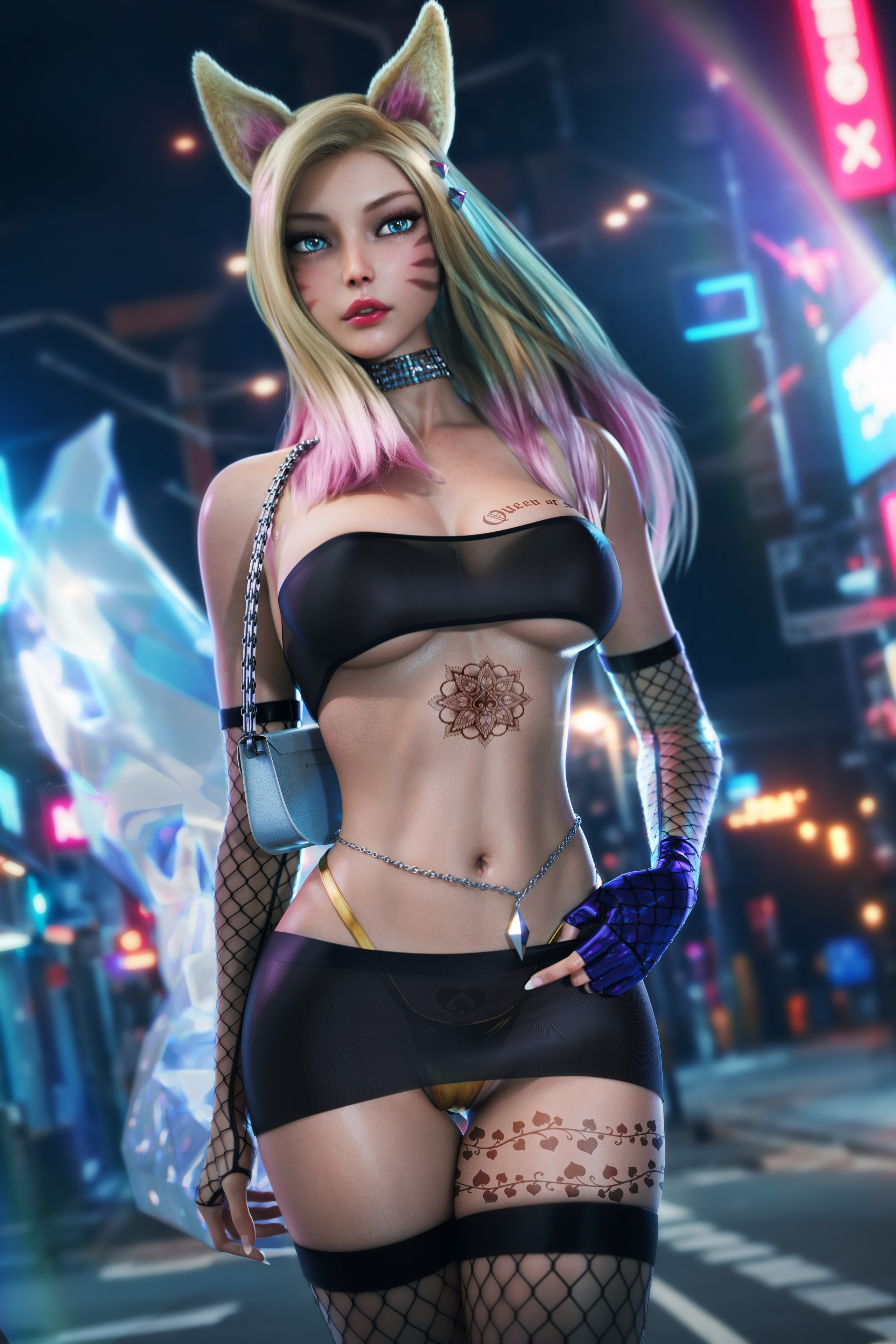 abdomen, ahri, ahri (league of legends), big breasts, blonde female, blonde hair, breasts, choker, dyed hair, edit, fishnet, fishnet armwear, fishnet legwear, fishnet stockings, fishnets, gloves, hooker, k/da ahri, k/da all out series, k/da series, large breasts, league of legends, lipstick, makeup, miniskirt, no bra, prostitute, prostitution, purse, queen of spades, queen of spades symbol, queen of spades tattoo, see-through, see-through clothes, see-through clothing, short skirt, streetwalker, tattoo, therealzoh, thighs, third-party edit, thong, tube top, tubetop