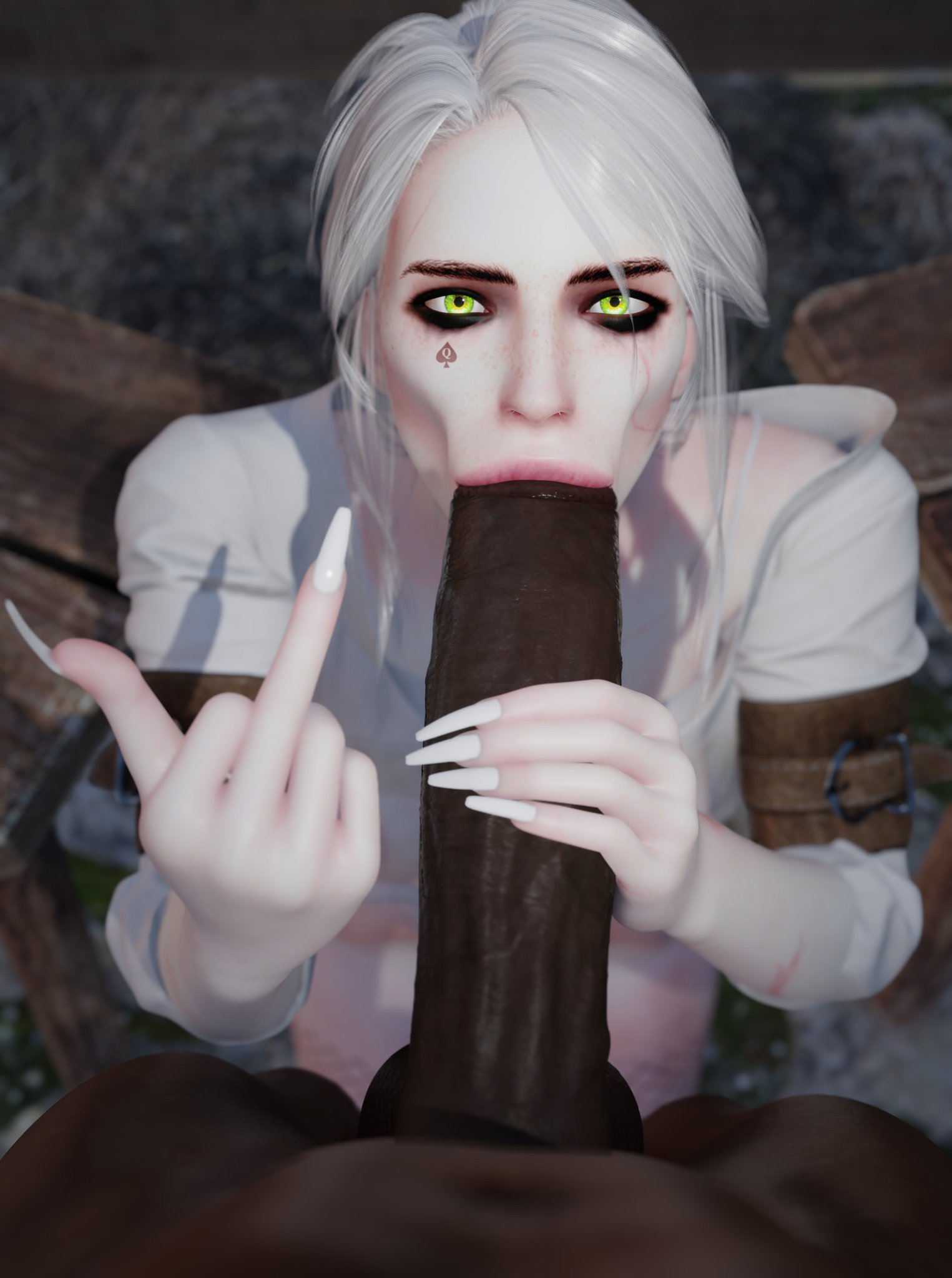 1boy, 1girls, 3d, alternate version available, big penis, blowjob, ciri, dark skin, dark-skinned male, fellatio, female, green eyes, huge cock, interracial, large penis, male, middle finger, notgood3d, penis, qos, queen of spades, straight, the witcher (series), the witcher 3: wild hunt, white hair