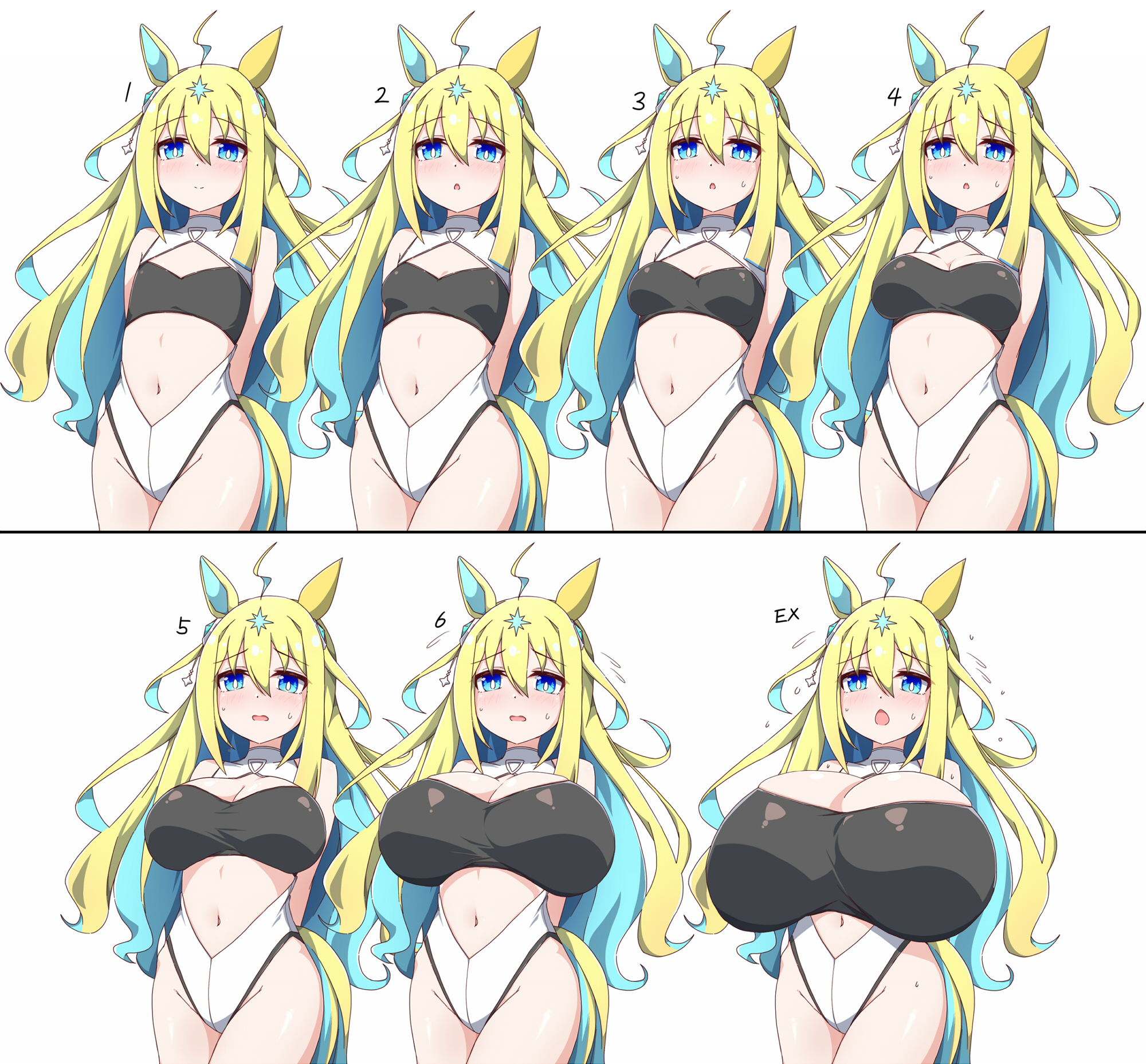 ahoge, alternate breast size, animal ears, arms behind back, blonde hair, blue eyes, blush, breast expansion, breasts, female, hair between eyes, hair ornament, highres, hiro (pqtks113), horse ears, horse girl, horse tail, huge breasts, large breasts, long hair, looking at viewer, medium breasts, multicolored hair, navel, neo universe (umamusume), open mouth, simple background, small breasts, sweat, tail, umamusume, white background