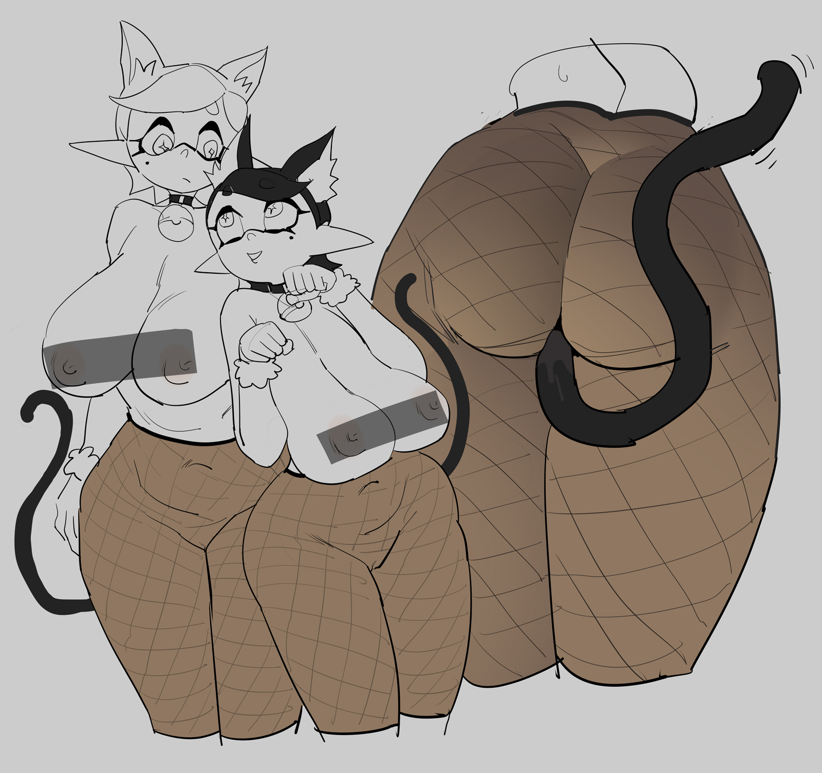 2girls, bell collar, big ass, big breasts, black hair, boobs, breasts, callie (splatoon), cat ears, cat tail, catgirl, censor bar, censored, collar, domino mask, fishnet pantyhose, fishnets, greyscale, huge ass, huge boobs, huge breasts, inkling, inkling girl, marie (splatoon), mole under eye, nintendo, pantyhose, pointy ears, simple background, sketch, splatoon, squid sisters, stockings, tongue, tongue out, white hair, yuta agc
