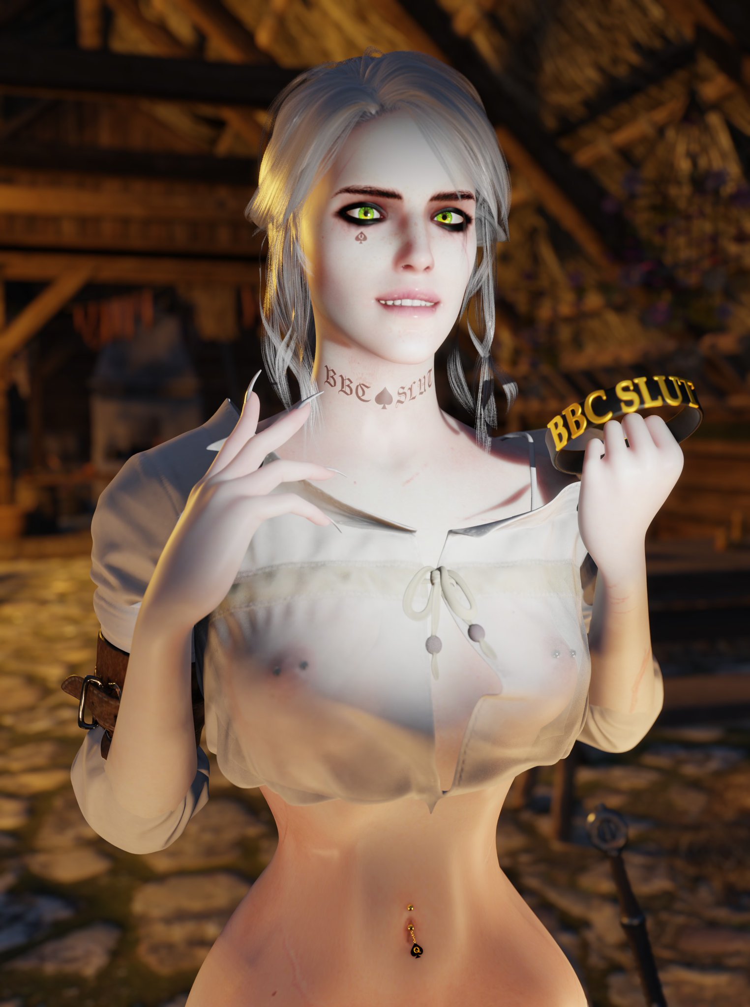 3d, ciri, female, notgood3d, queen of spades, queen of spades symbol, queen of spades tattoo, slut collar, the witcher (series), the witcher 3: wild hunt