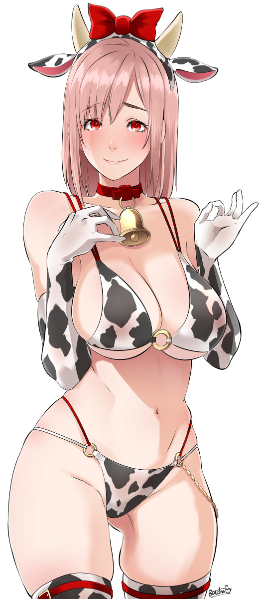 animal print, ass visible through thighs, bell collar, big breasts, blush, blushing, breasts, butcha-u, collar, collarbone, cow ears, cow ears headband, cow girl, cow horns, cow print, cow print bikini, dead or alive, dead or alive 5, dead or alive xtreme venus vacation, female, hair down, hairband, hairbow, highres, honoka (doa), large breasts, o-ring, o-ring bikini, o-ring bottom, o-ring top, pink hair, smile, solo, thick ass, thick thighs, thigh gap, thighhighs, thin waist