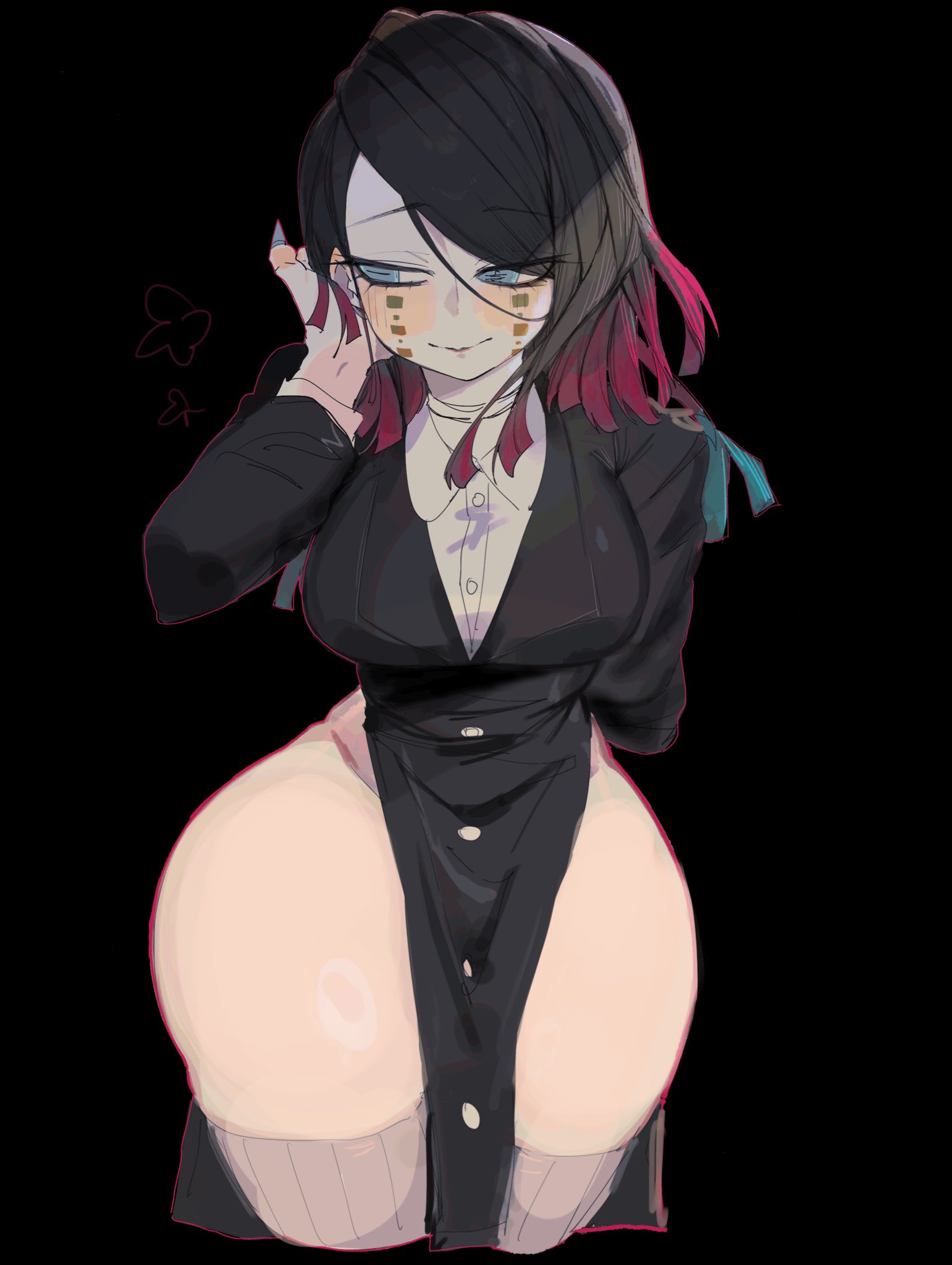big breasts, blue eyes, curvy female, curvy figure, demon, demon girl, demon slayer, enmu, female, genderswap (mtf), high heels, hips wider than shoulders, hourglass figure, kimetsu no yaiba, pale skin, pale-skinned female, rule 63, thick thighs, thighhighs, thighs, two-tone hair, usa37107692, wide hips