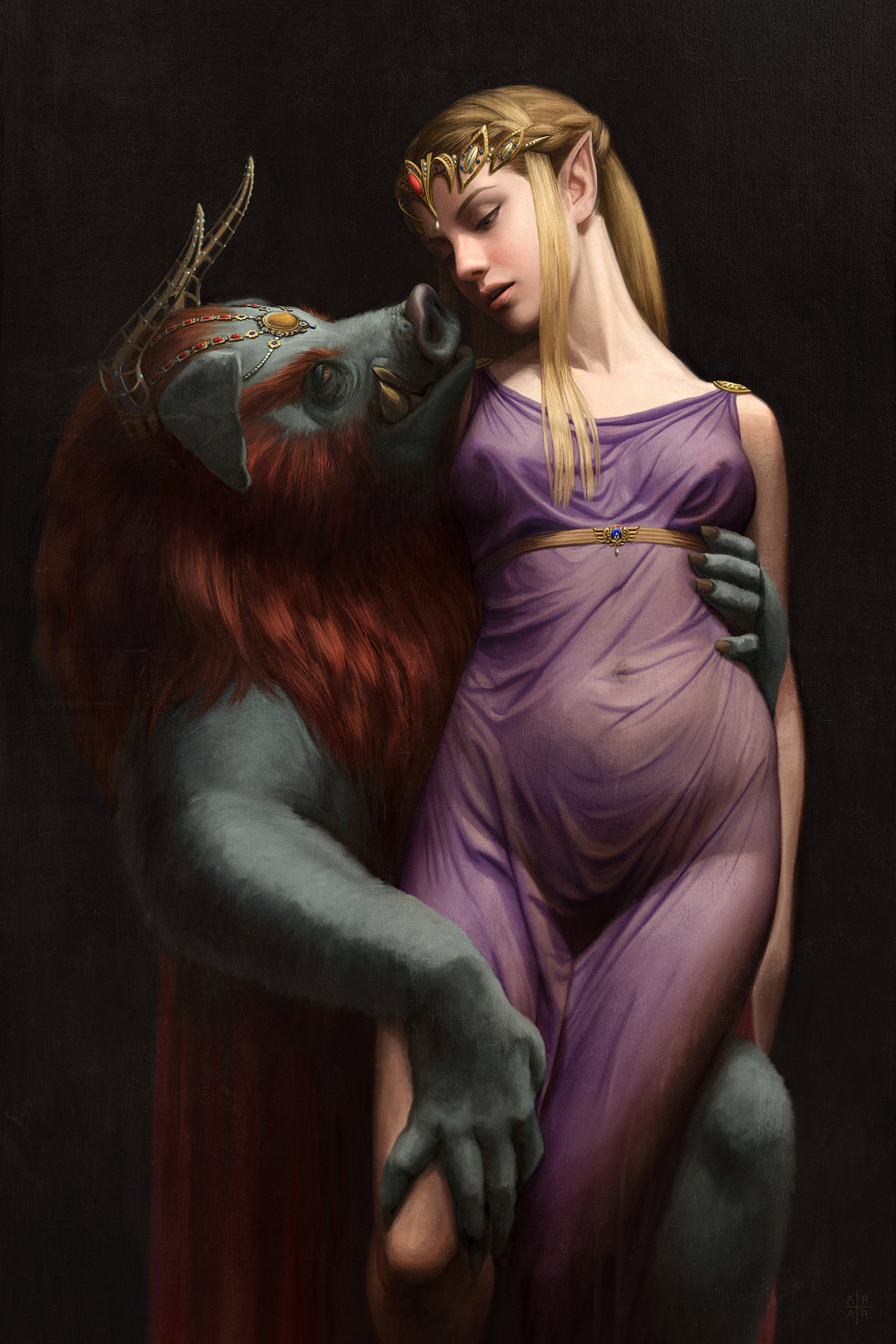 astoralexander, black background, black eyes, blonde hair, breasts, claws, death and the maiden, detailed, eye contact, female, fine art parody, fur, ganon, highres, horns, long hair, male, monster, nintendo, nipples, open mouth, orange eyes, painting (artwork), parted lips, pointy ears, princess zelda, public domain, realistic, red hair, simple background, small breasts, the legend of zelda, tiara, twilight princess, zelda (twilight princess)