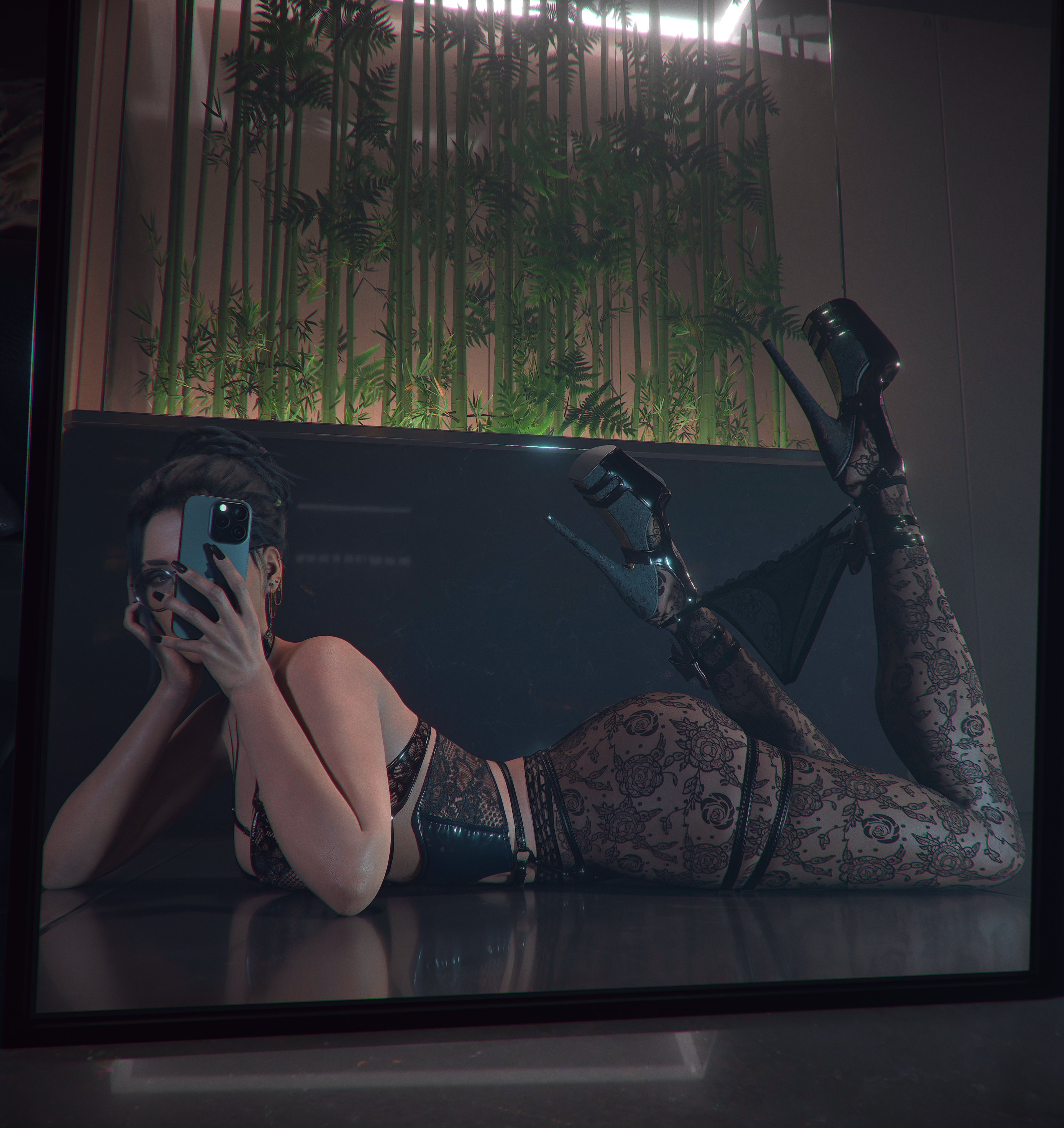 1girls, 3d, big ass, black nails, brown skin, checkpik, cyberpunk (series), cyberpunk 2077, female, high heels, lingerie, lying down, lying on stomach, panam palmer, phone, platform heels, selfie, solo, solo female, stockings, tagme