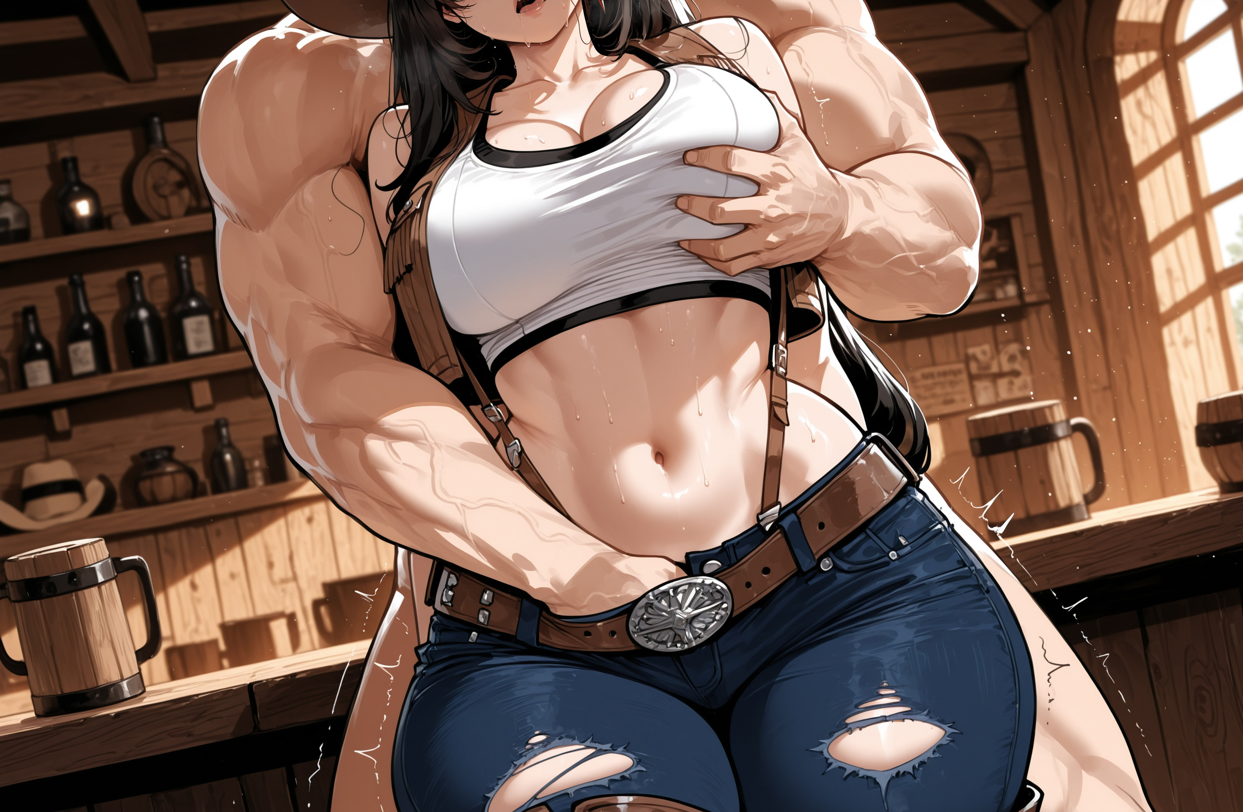 1boy, abs, ai generated, belt, black hair, boots, breast grab, breasts, cleavage, cowboy boots, cowboy hat, curvaceous, curvaceous female, curvaceous figure, curvy, curvy body, curvy female, curvy figure, curvy hips, denim, earrings, female, final fantasy, final fantasy vii, gloves, grabbing, grabbing from behind, hand under clothes, hat, head out of frame, implied fingering, implied masturbation, implied sex, indoors, jewelry, large breasts, long hair, male, midriff, miyuai, moaning, muscle, muscular female, navel, pants, shelf, straight, suspenders, sweat, tagme, tank top, taut clothes, taut shirt, thick, thick ass, thick legs, thick thighs, tifa lockhart, torn clothes, torn jeans, torn pants, uncensored, voluptuous, voluptuous body, voluptuous female, white tank top